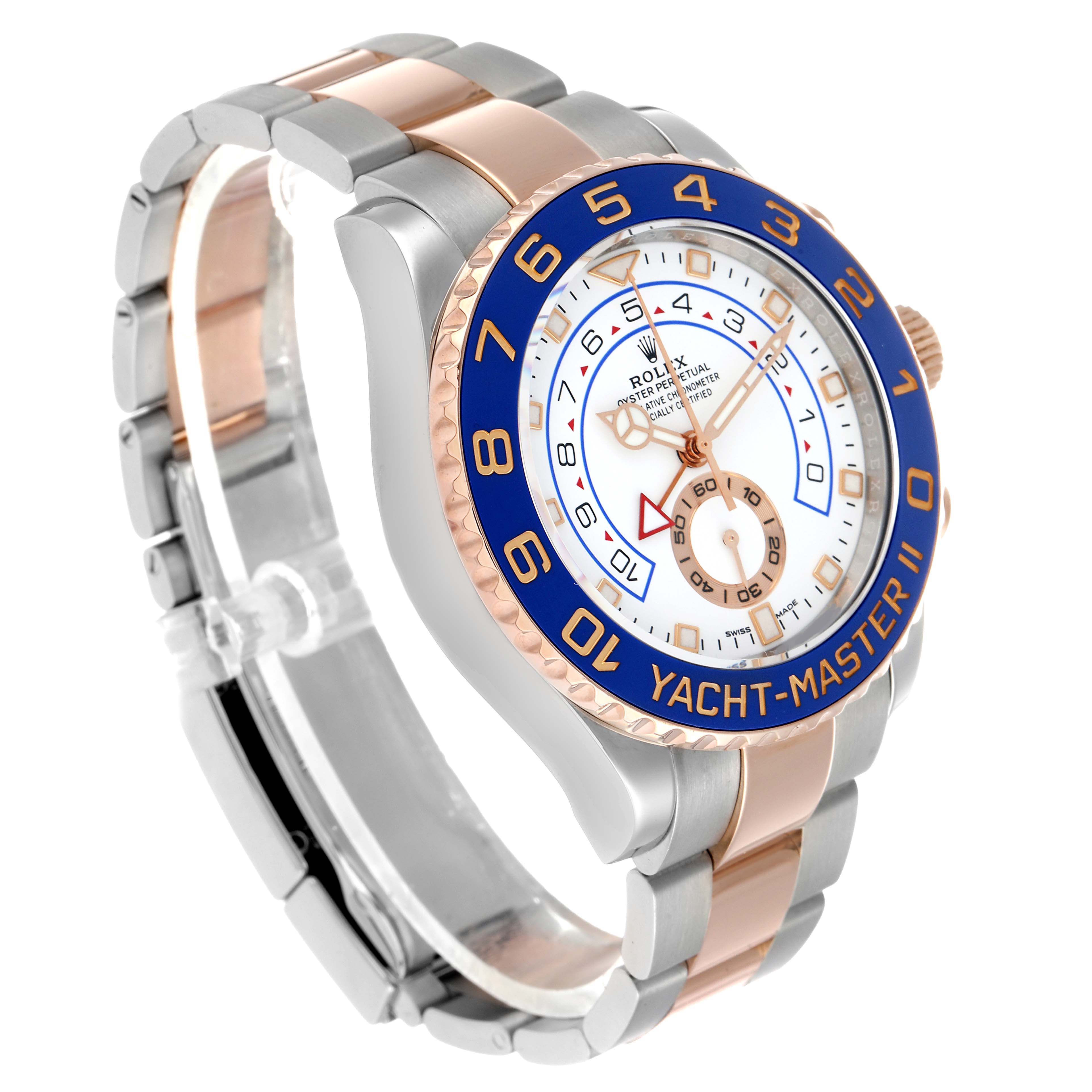 The image shows a Rolex Yacht-Master 116681M Men's Steel and Gold (two tone) White Dial II at a three-quarter angle, highlighting the bezel, dial, and bracelet.