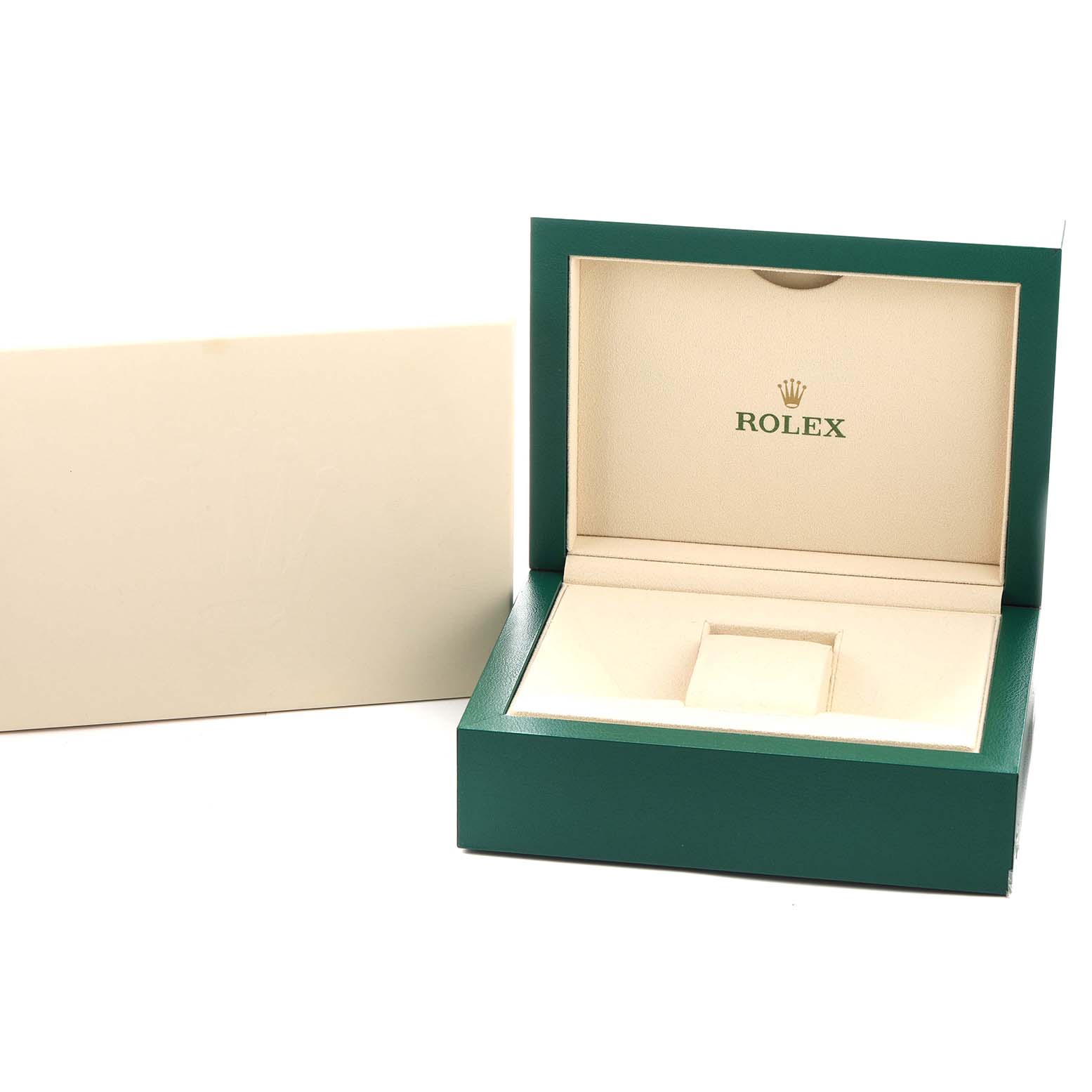 The image shows an open Rolex box, likely for a Yacht-Master model, with the brand logo inside.