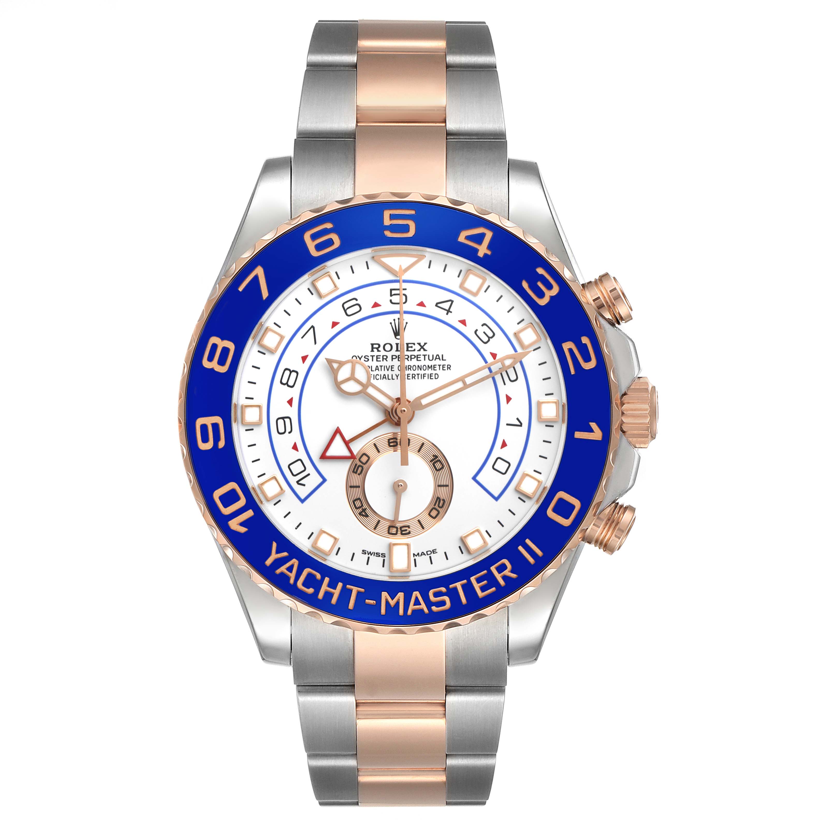 The Rolex Yacht-Master 116681M Men's Steel and Gold (two tone) White Dial watch is shown from the front, displaying its bezel, dial, and bracelet clearly.