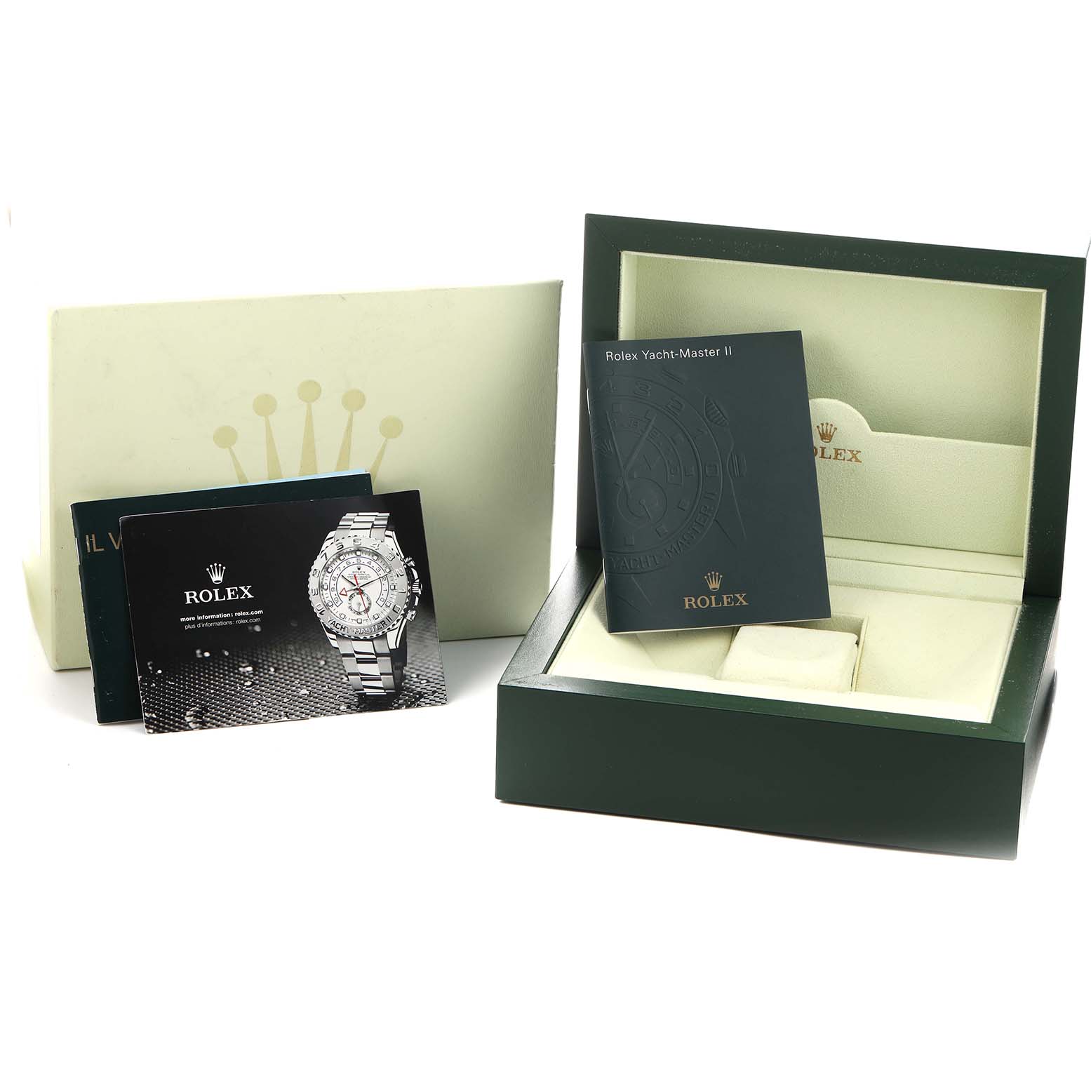 The image shows a Rolex Yacht-Master 116689M Men's White Gold White Dial watch box, manuals, and promotional cards, viewed from above and slightly to the side.