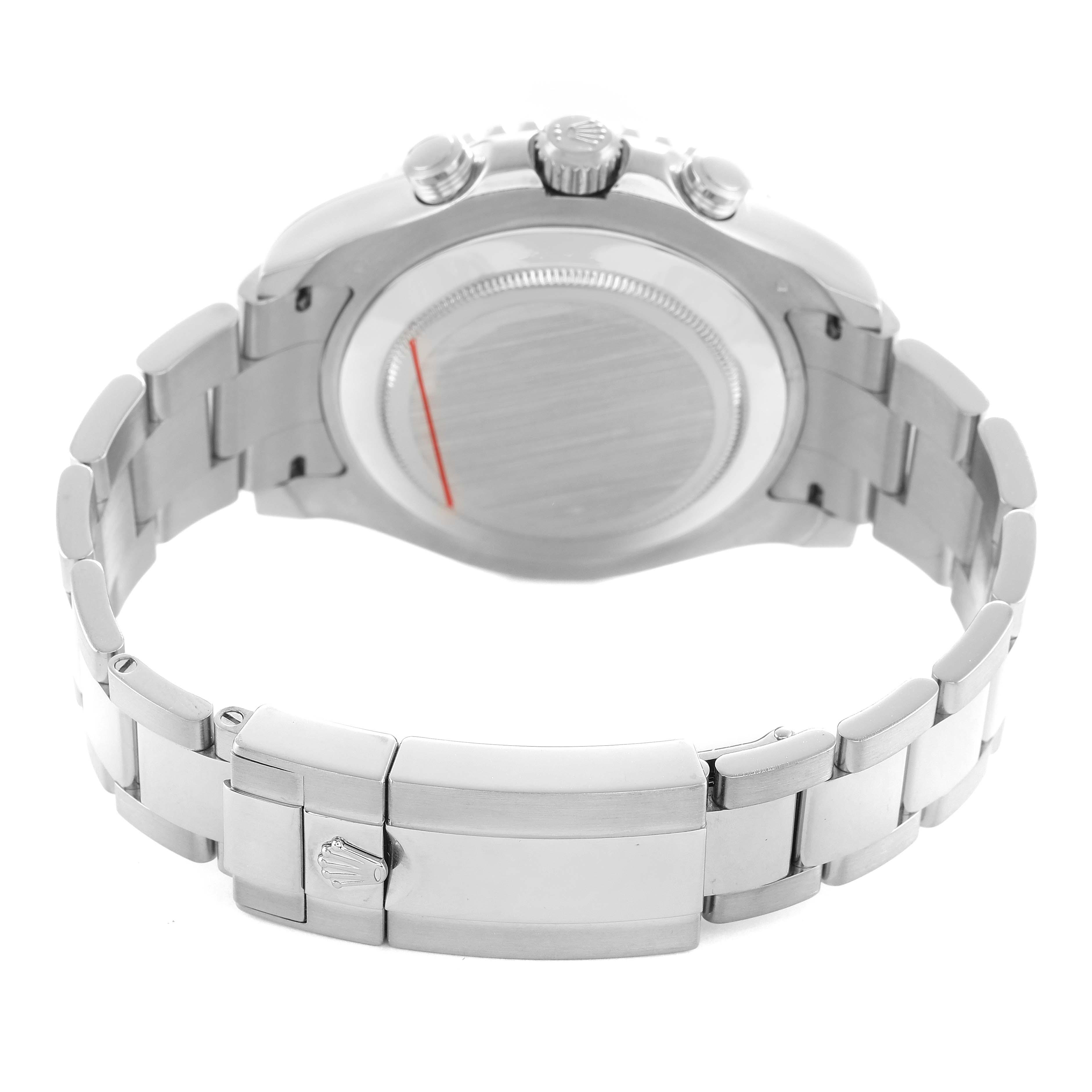 The image shows the back of a Rolex Yacht-Master 116689M Men's White Gold White Dial watch, featuring the case back and the bracelet with a visible clasp.