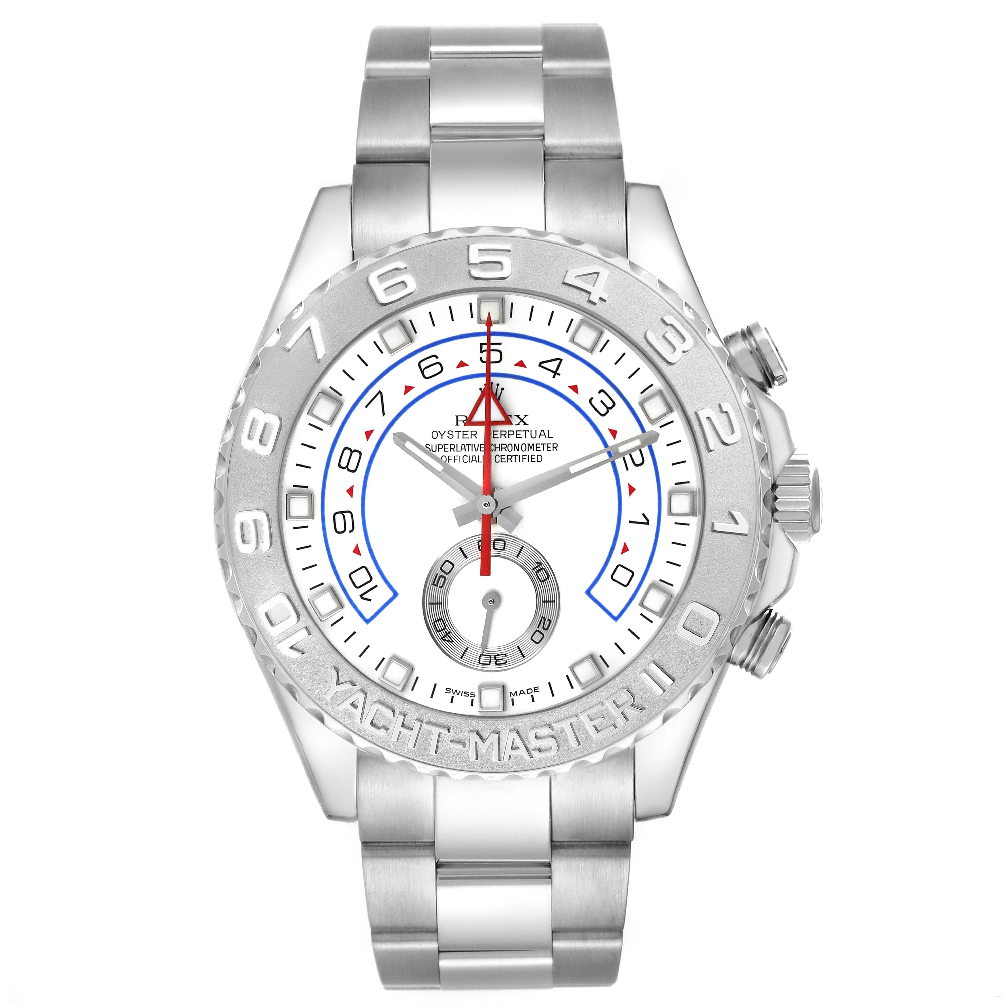 The Rolex Yacht-Master 116689M Men's White Gold White Dial watch is shown from the front, displaying its face, bezel, crown, and a portion of the bracelet.