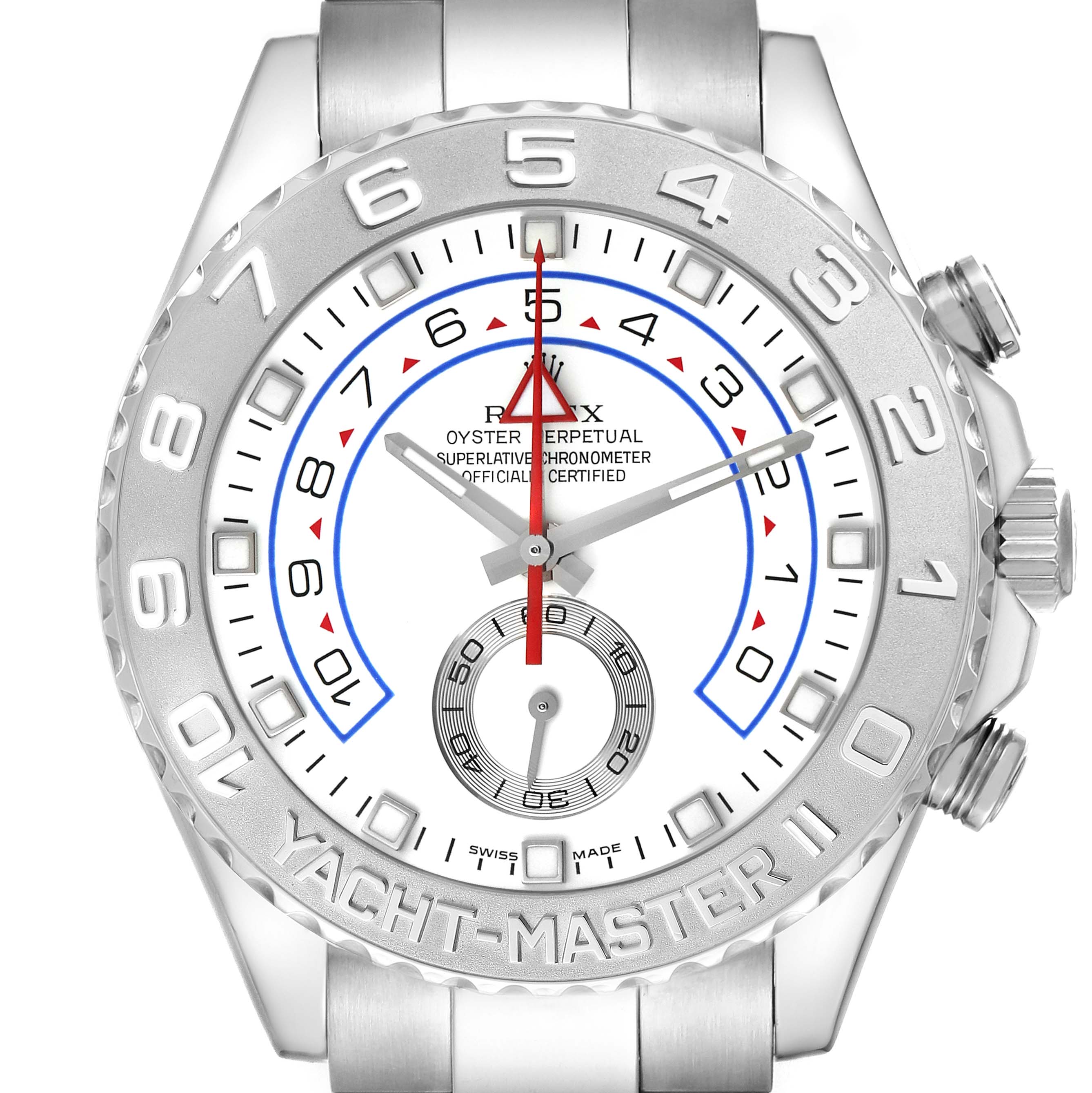 The image shows a front view of the Rolex Yacht-Master 116689M Men's White Gold White Dial watch, highlighting the bezel, dial, and hands.