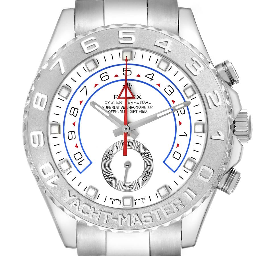 The image shows a front view of the Rolex Yacht-Master 116689M Men's White Gold White Dial watch, highlighting the bezel, dial, and hands.