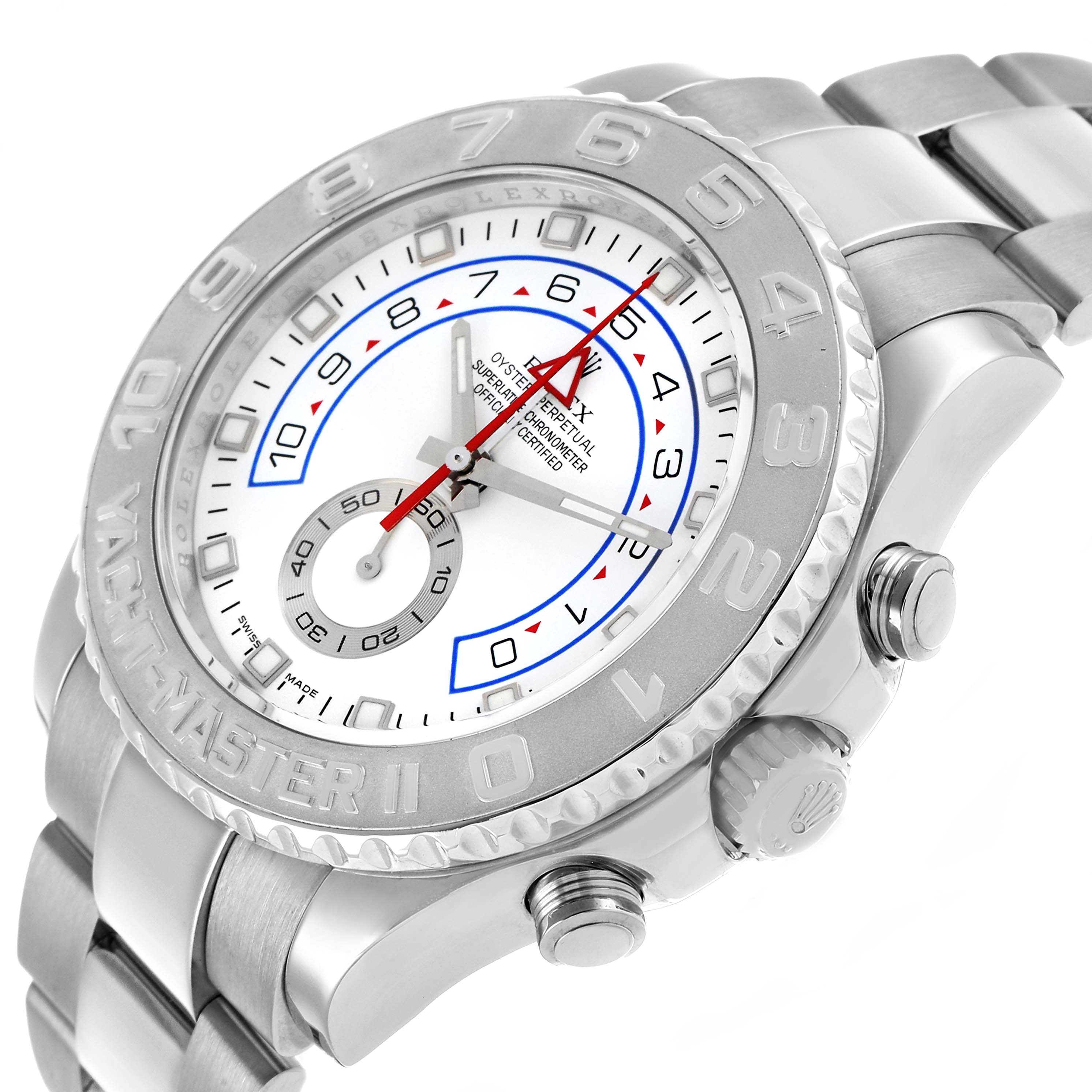 The Rolex Yacht-Master 116689M Men's White Gold White Dial is shown at an angle highlighting the bezel, dial, crown, and part of the bracelet.