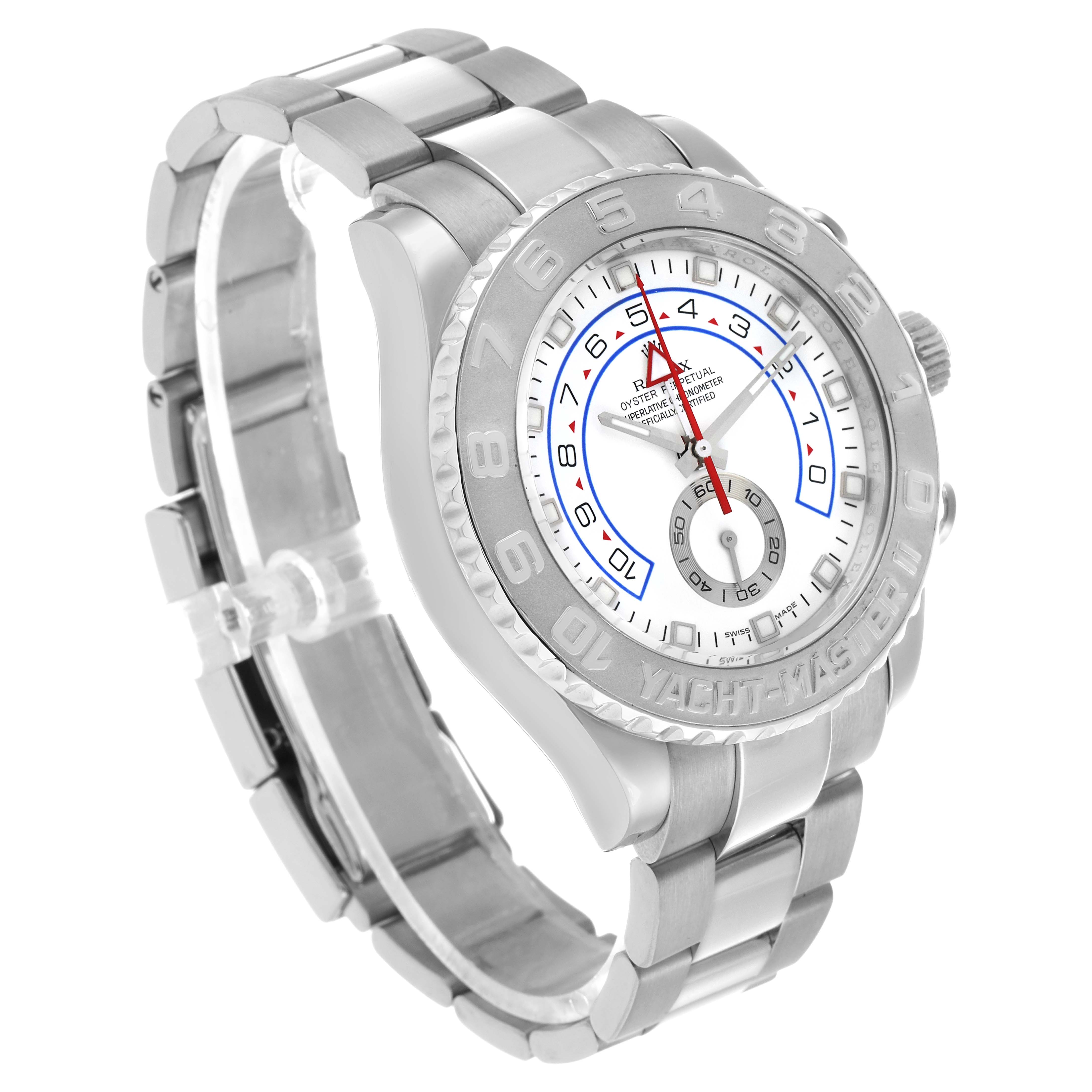 The Rolex Yacht-Master 116689M Men's White Gold White Dial watch is shown at a three-quarter angle, highlighting the bezel, dial, and bracelet links.