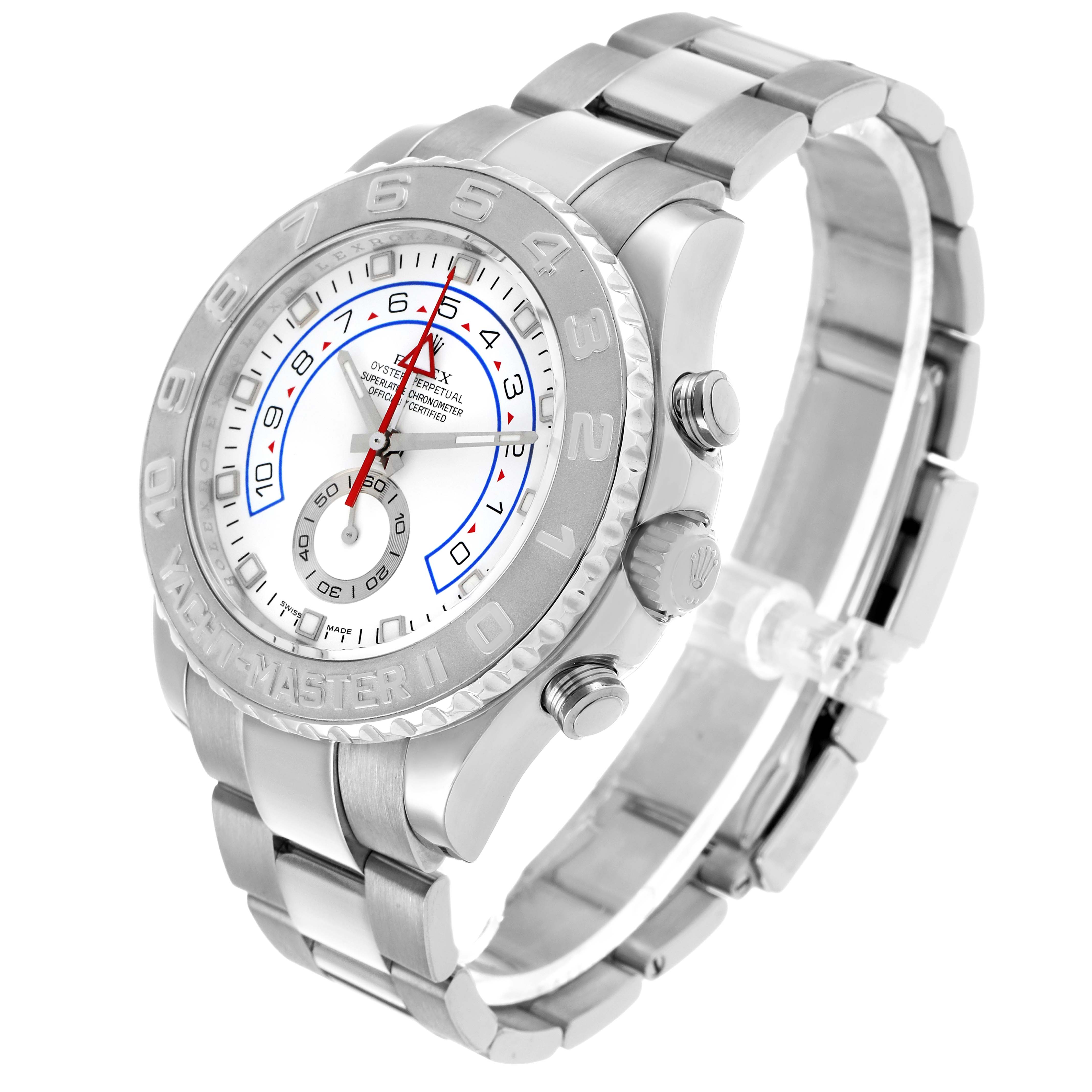 The Rolex Yacht-Master 116689M Men's White Gold White Dial watch is shown at a three-quarter angle, highlighting the bezel, face, crown, and bracelet.