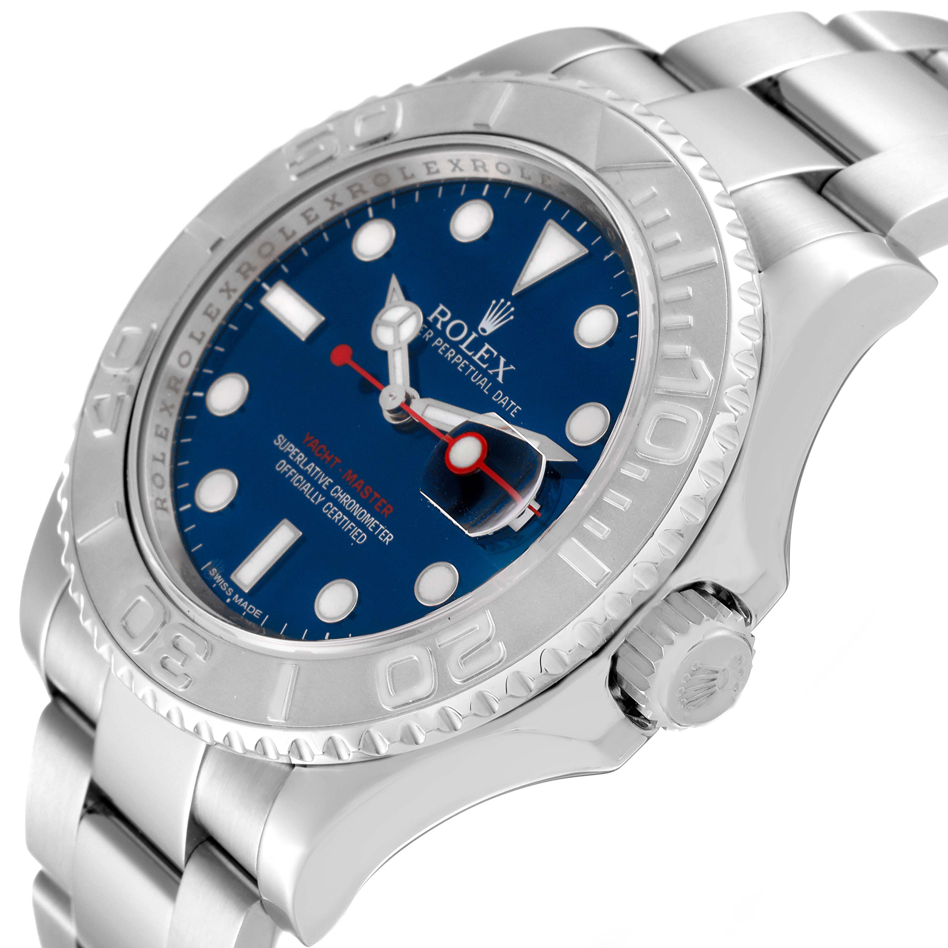 The image shows a Rolex Yacht-Master 116622 Men's Stainless Steel Blue Dial 116622 Men's Stainless Steel Blue Dial watch at a slight angle, highlighting its face, bezel, and part of the bracelet.