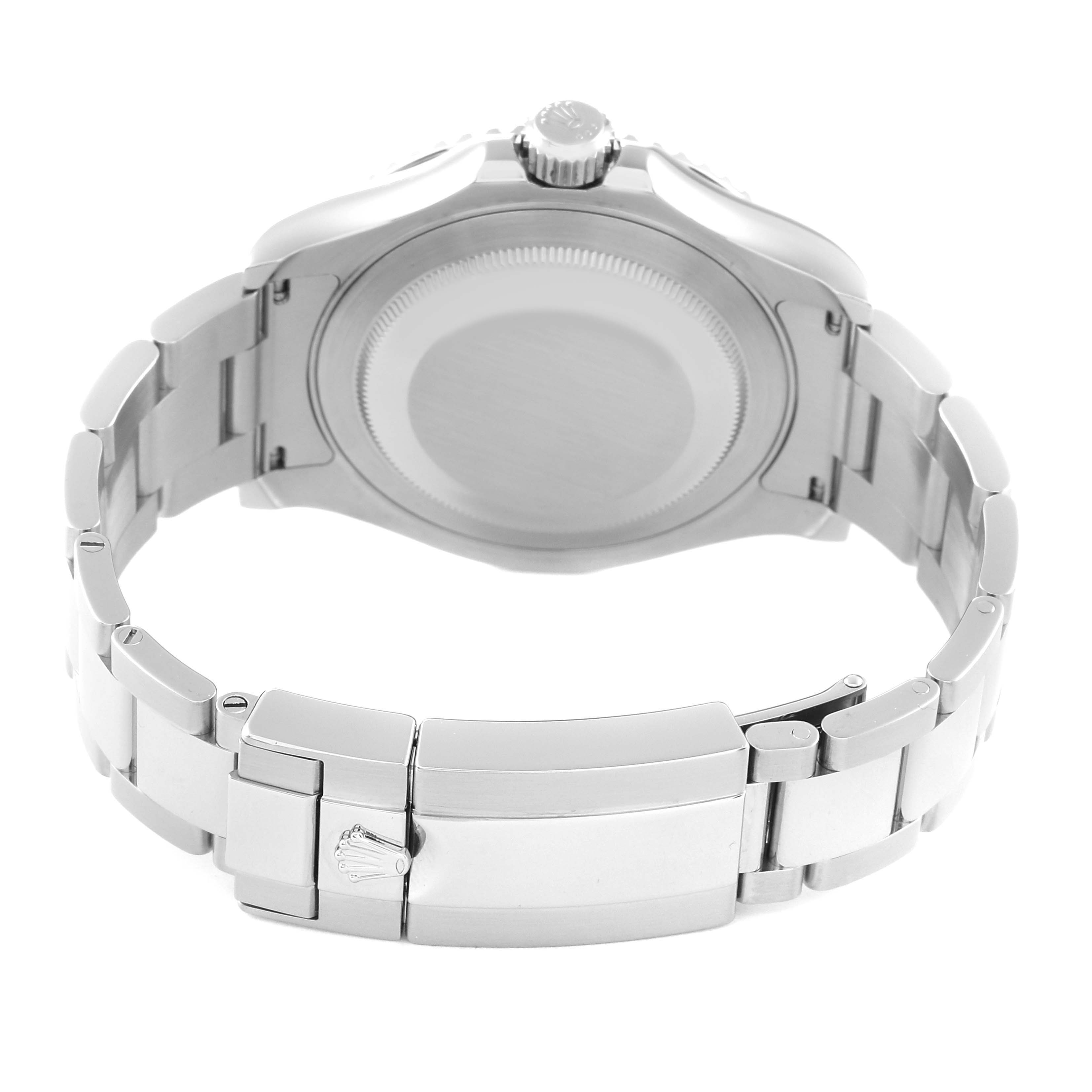 This is a rear view of the Rolex Yacht-Master 116622 Men's Stainless Steel Blue Dial 116622 Men's Stainless Steel Blue Dial watch, showcasing its case back, bracelet, and clasp.