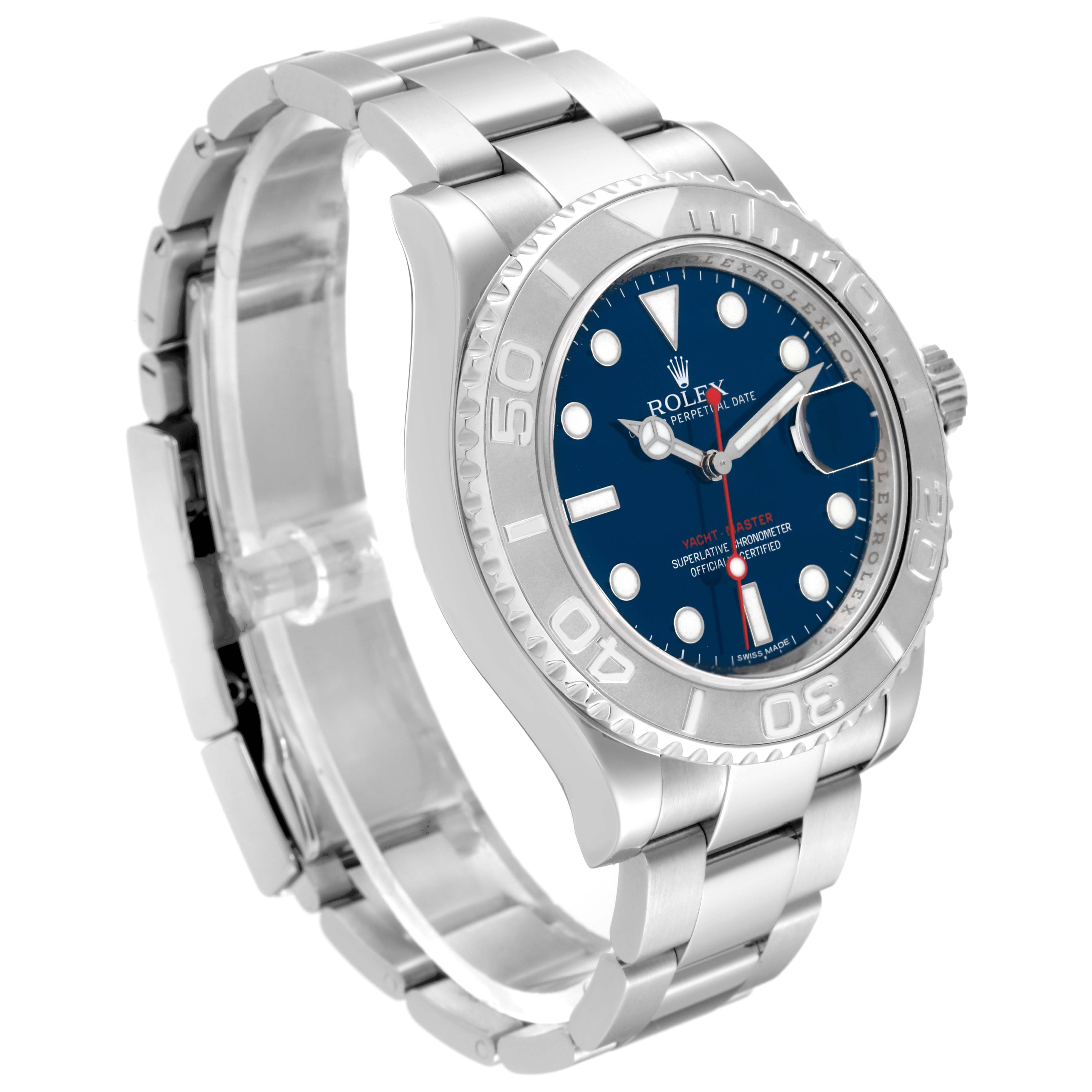 The image shows a Rolex Yacht-Master 116622 Men's Stainless Steel Blue Dial 116622 Men's Stainless Steel Blue Dial watch at a 3/4 angle highlighting the bracelet, bezel, and dial.