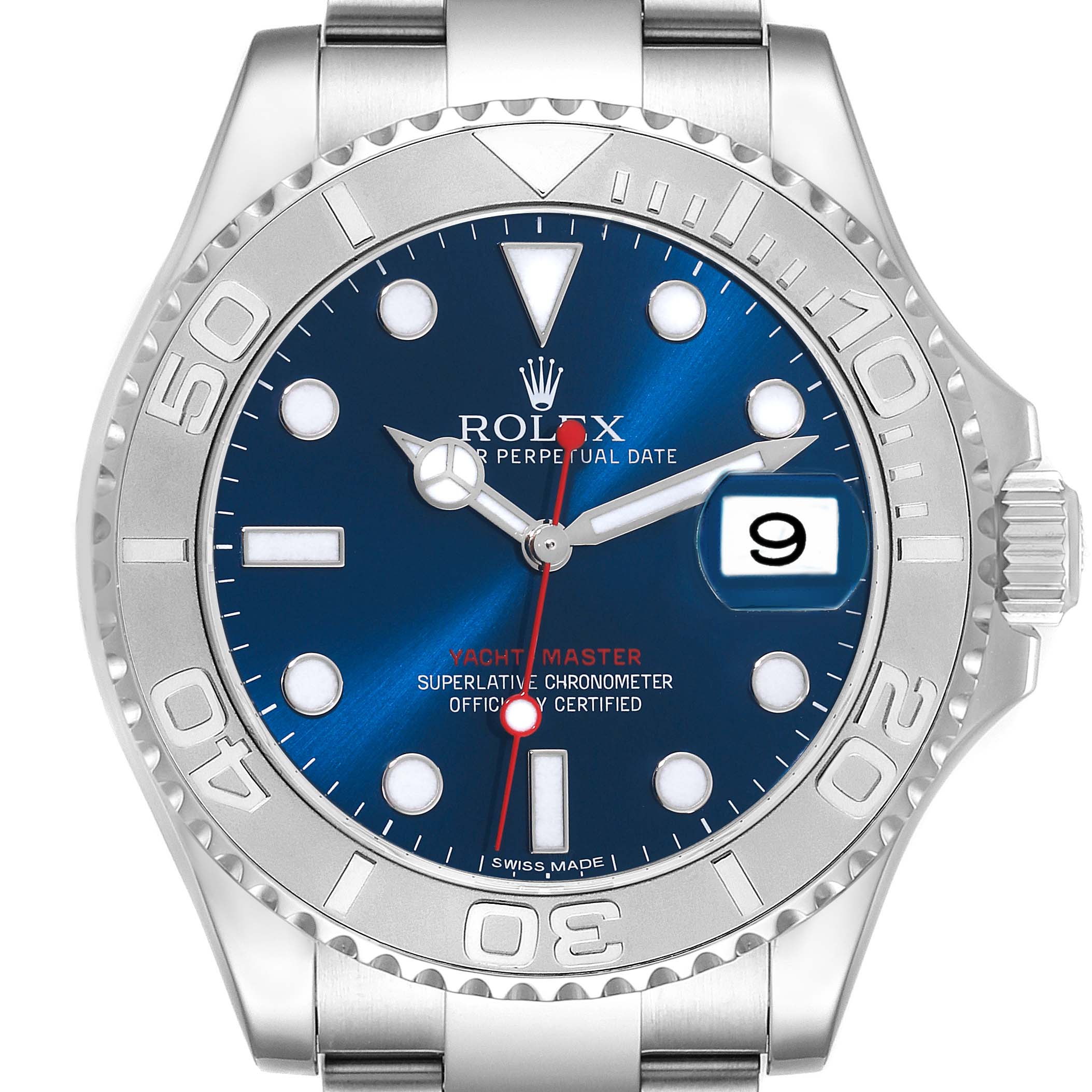 The image shows a Rolex Yacht-Master 116622 Men's Stainless Steel Blue Dial 116622 Men's Stainless Steel Blue Dial watch front view, featuring its bezel, crown, and blue dial with date display.