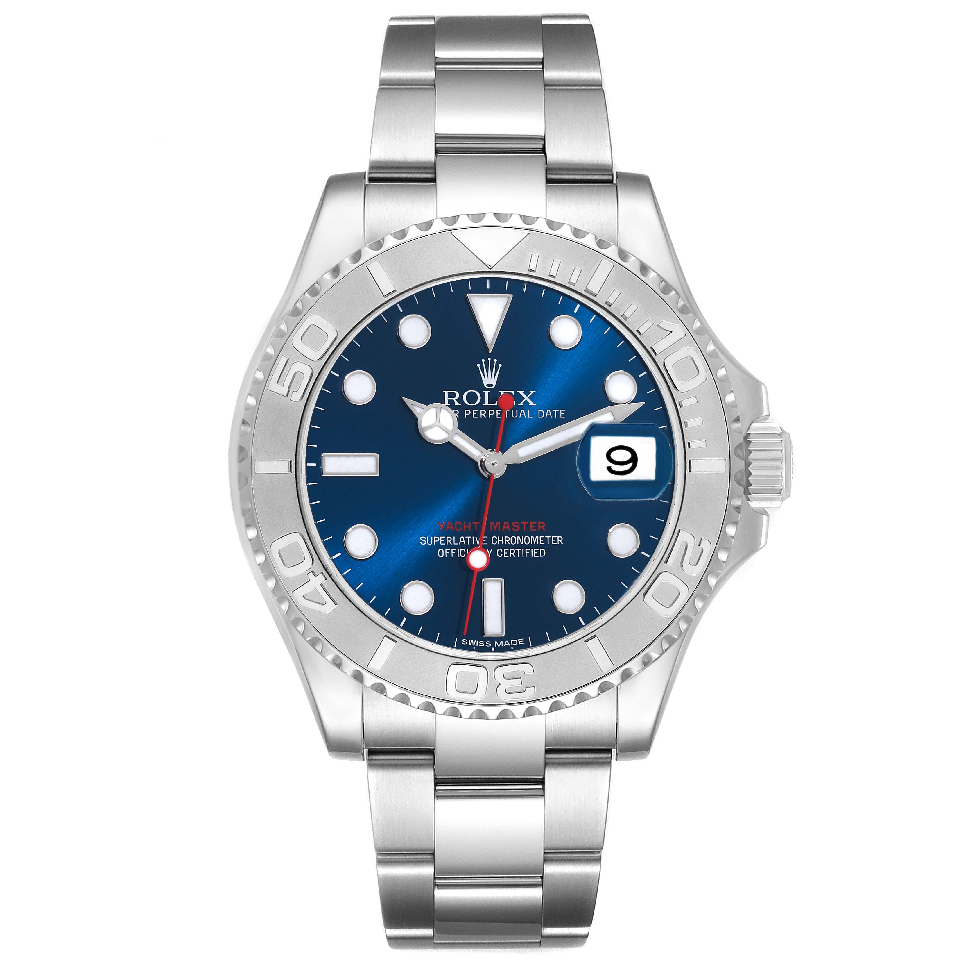This image shows a front view of the Rolex Yacht-Master 116622 Men's Stainless Steel Blue Dial 116622 Men's Stainless Steel Blue Dial watch, displaying its blue dial, date window, and stainless steel bracelet.