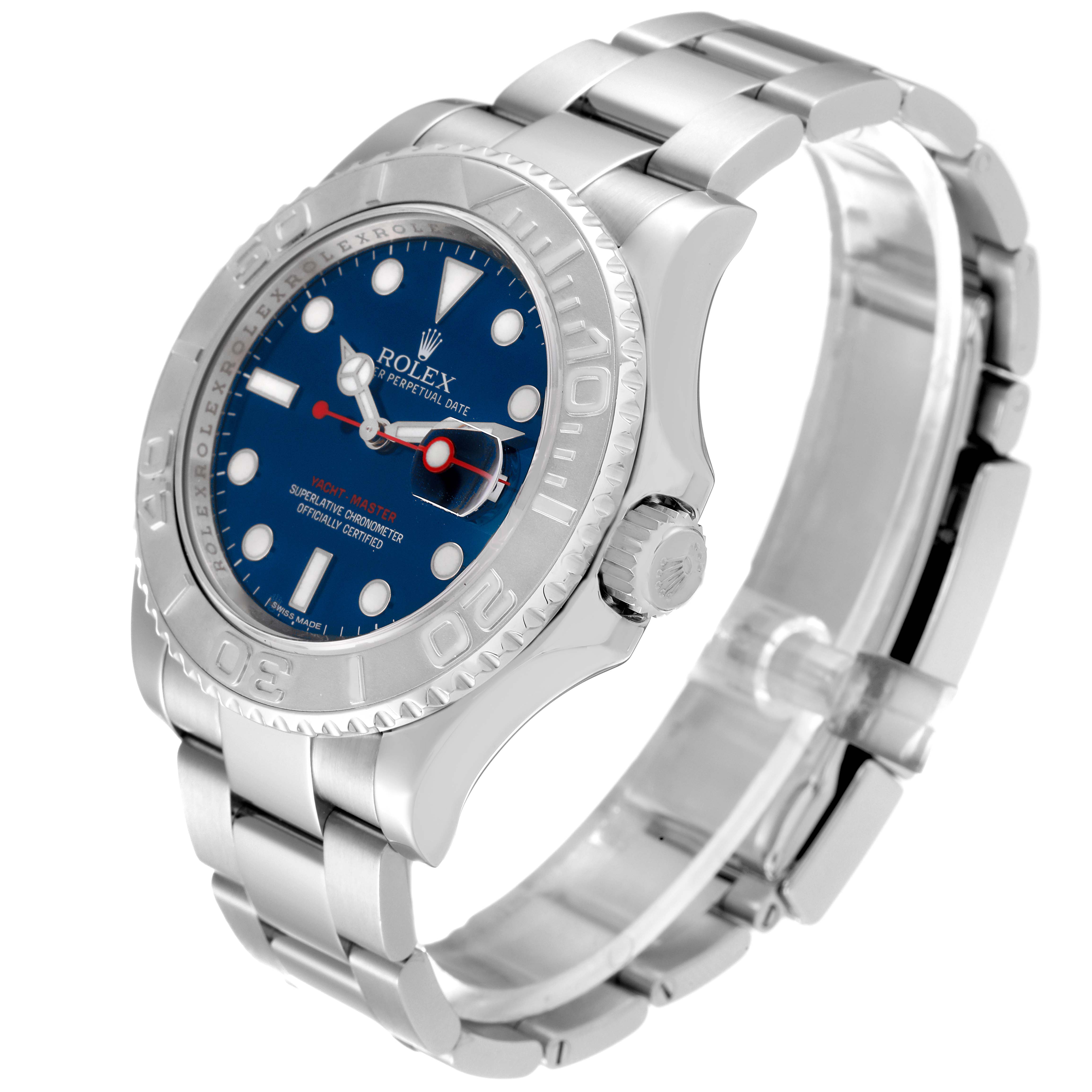 This image shows a side and frontal view of the Rolex Yacht-Master 116622 Men's Stainless Steel Blue Dial 116622 Men's Stainless Steel Blue Dial watch, displaying its bracelet, bezel, crown, and dial.