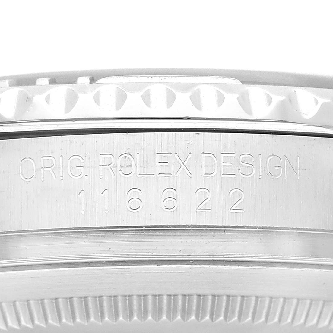 The image shows a close-up of the side casing and bezel of a Rolex Yacht-Master 116622 Men's Stainless Steel Blue Dial 116622 Men's Stainless Steel Blue Dial watch, highlighting the engraved model number 116622.