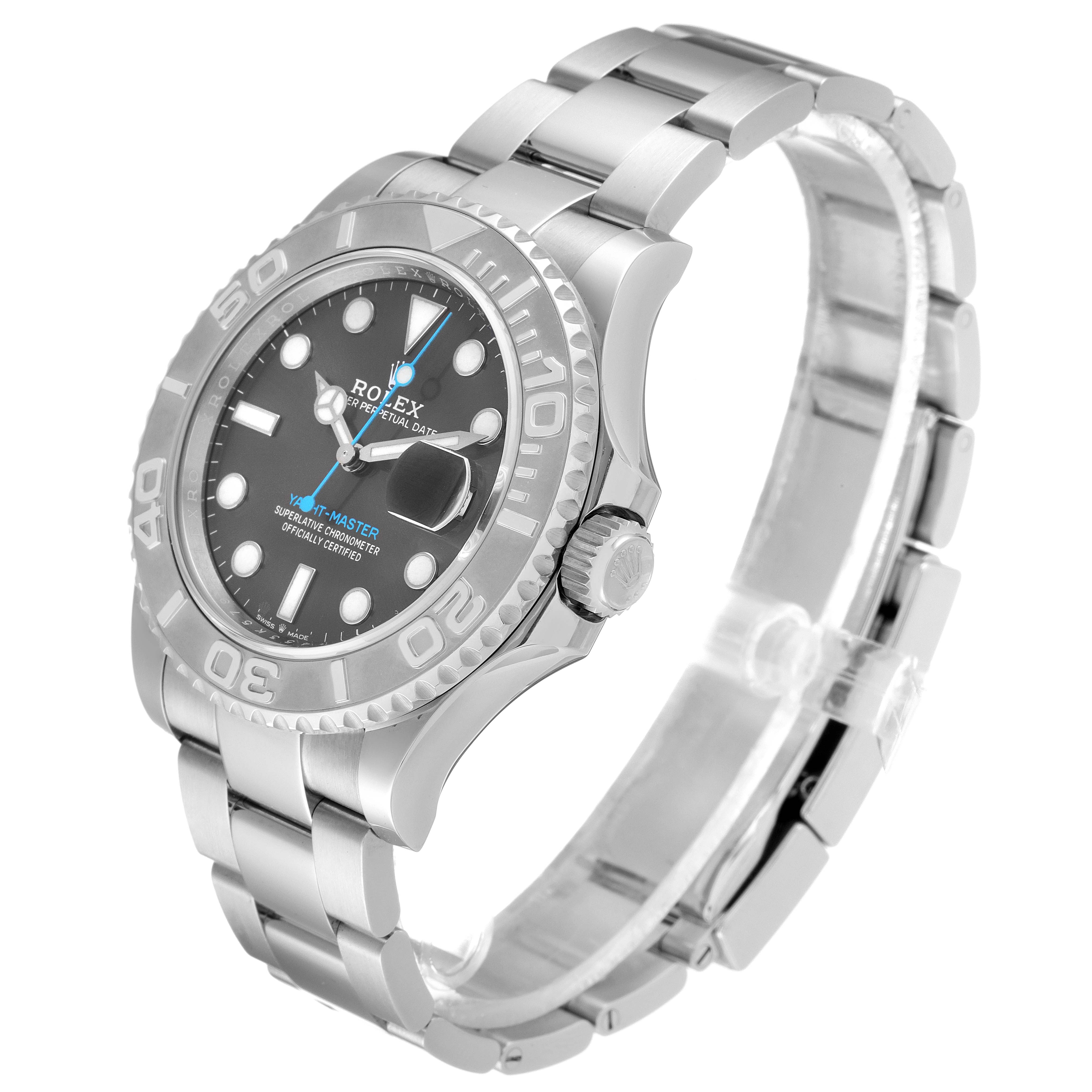 The Rolex Yacht-Master 126622 Men's Platinum Grey Dial 126622 Men's Platinum Grey Dial watch is shown at a slight right angle, displaying its dial, bezel, bracelet, and crown.