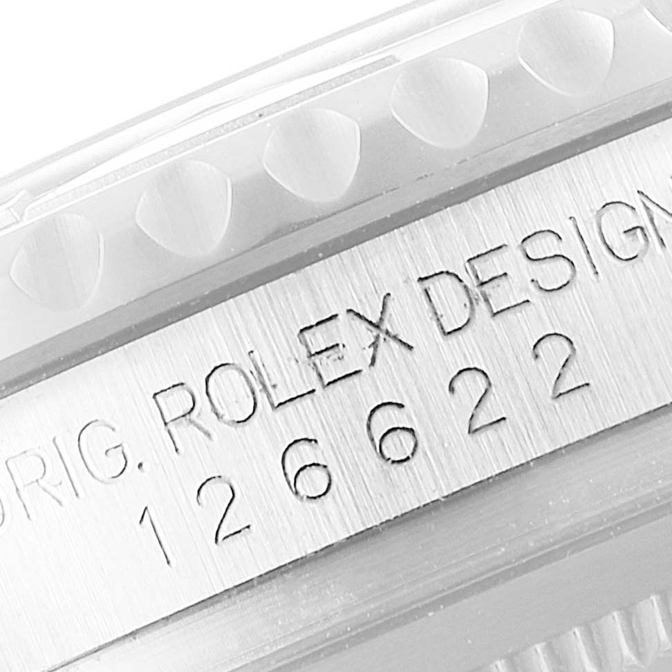This close-up shows the caseback engraving of the Rolex Yacht-Master 126622 Men's Platinum Grey Dial 126622 Men's Platinum Grey Dial, highlighting the model number 126622.