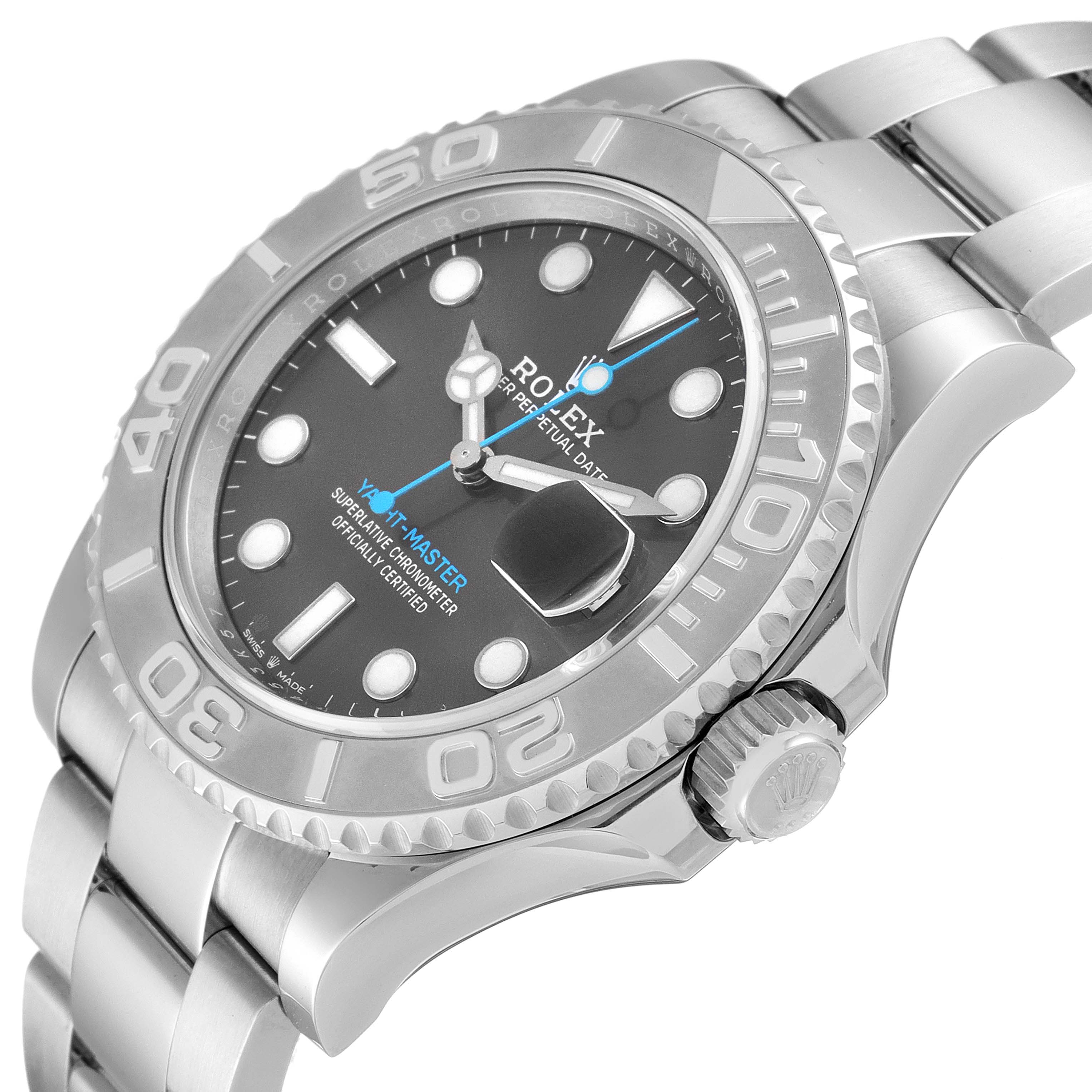 This image shows a close-up angle of the Rolex Yacht-Master 126622 Men's Platinum Grey Dial 126622 Men's Platinum Grey Dial, highlighting the face, bezel, and part of the bracelet.