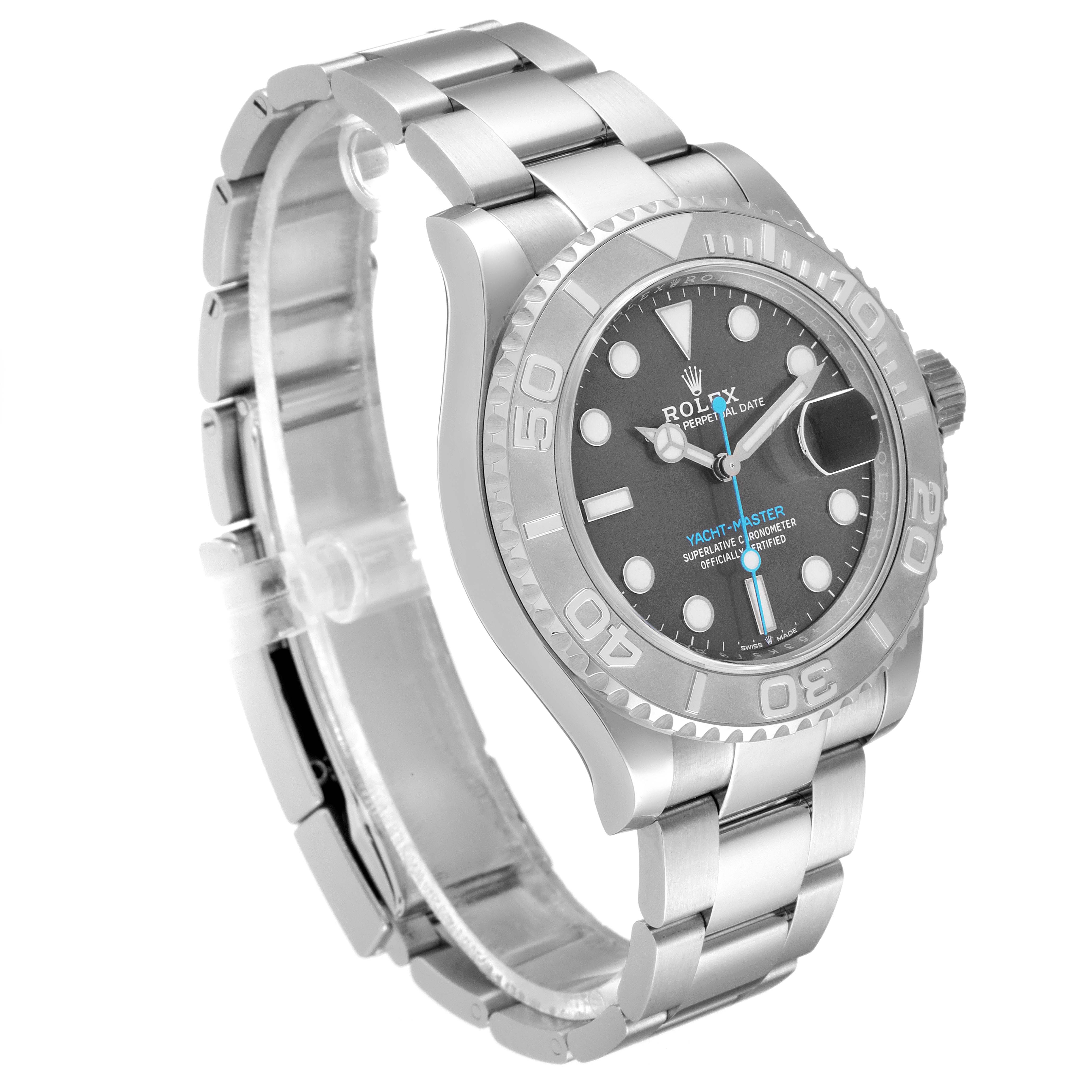 The image shows a side-angle view of a Rolex Yacht-Master 126622 Men's Platinum Grey Dial 126622 Men's Platinum Grey Dial watch, highlighting its metallic bracelet and dial.