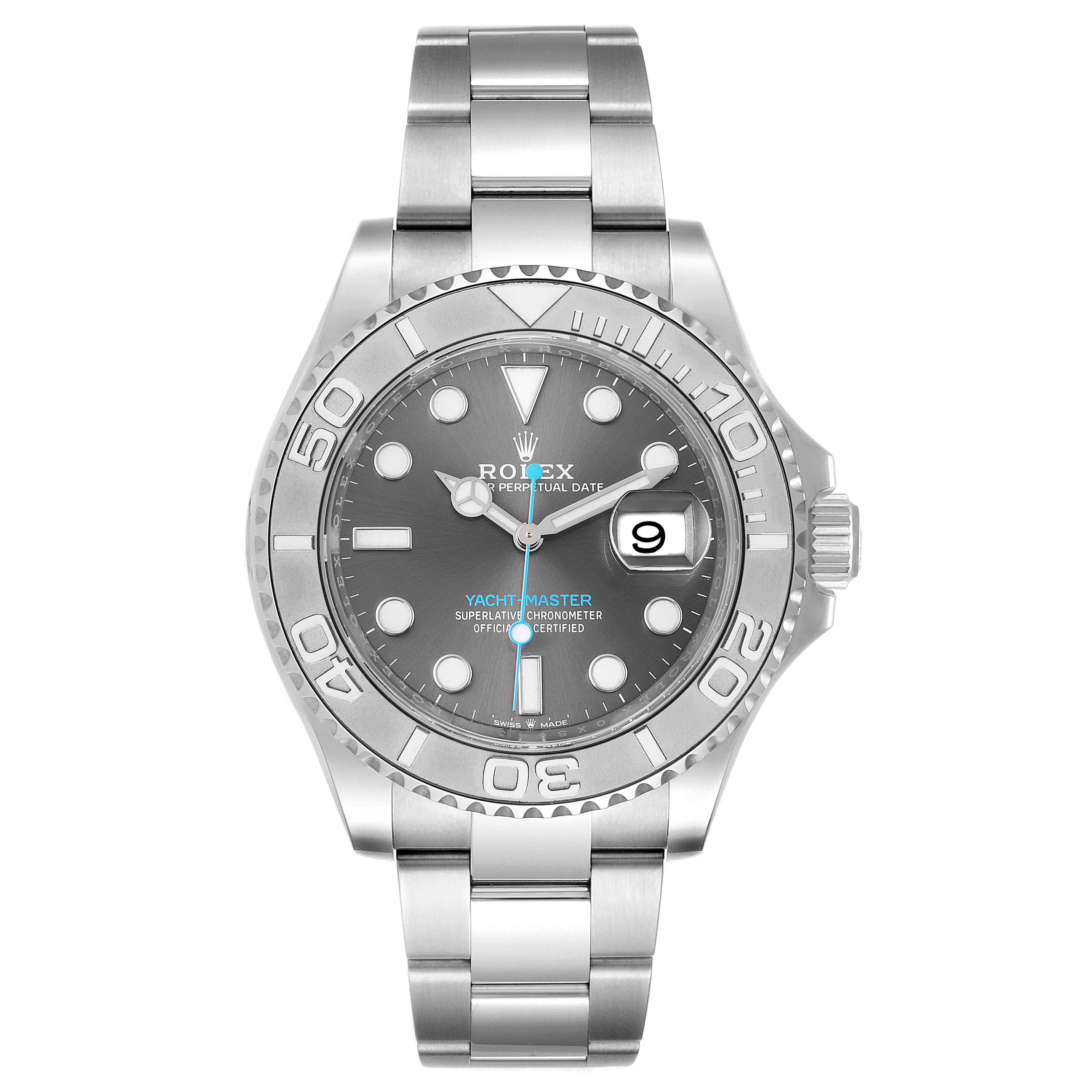 The image shows a front view of a Rolex Yacht-Master 126622 Men's Platinum Grey Dial 126622 Men's Platinum Grey Dial watch, highlighting its dial, bezel, and metal bracelet.