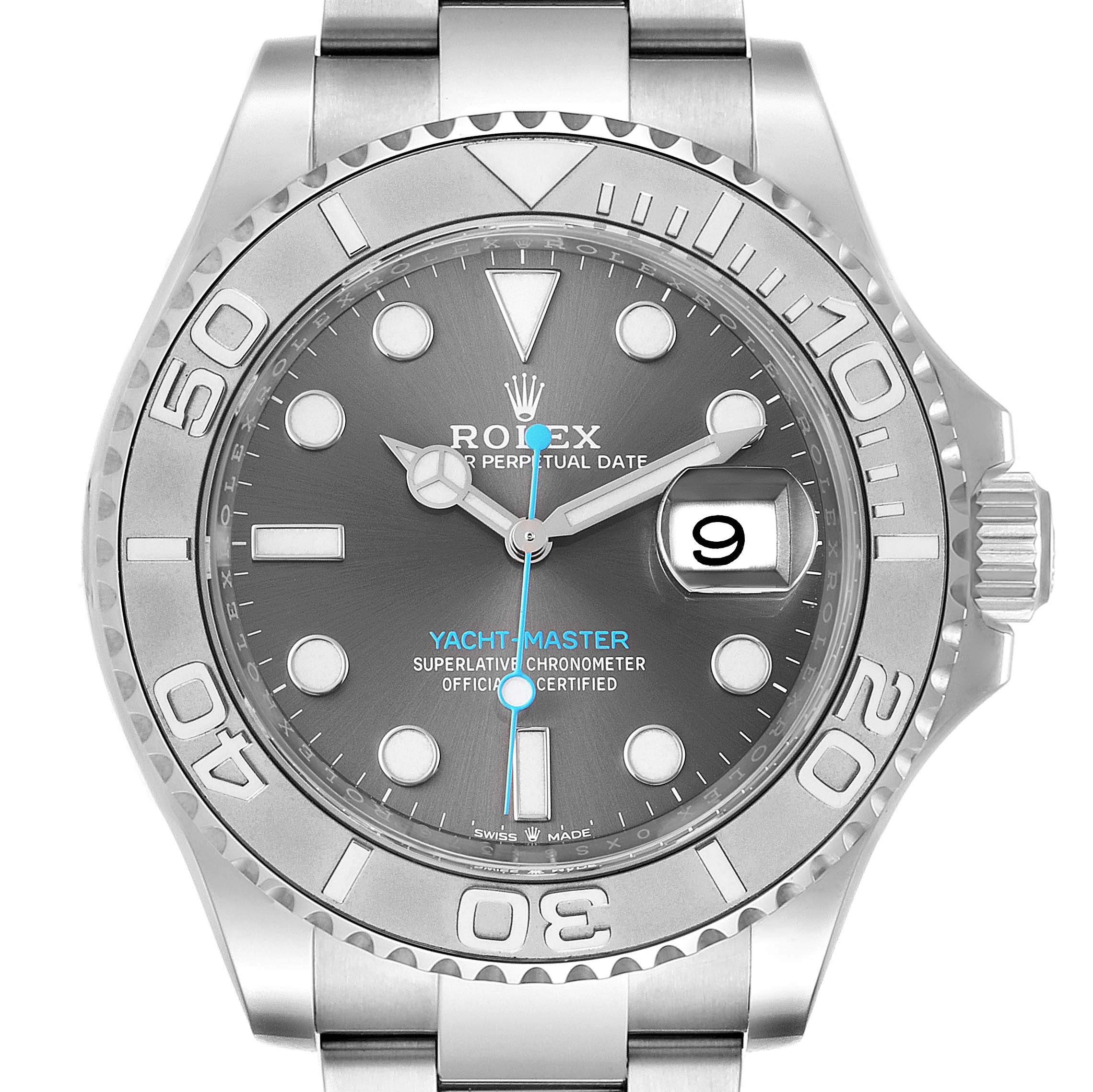 The image shows a front view of the Rolex Yacht-Master 126622 Men's Platinum Grey Dial 126622 Men's Platinum Grey Dial watch, prominently displaying its dial, bezel, crown, and bracelet.