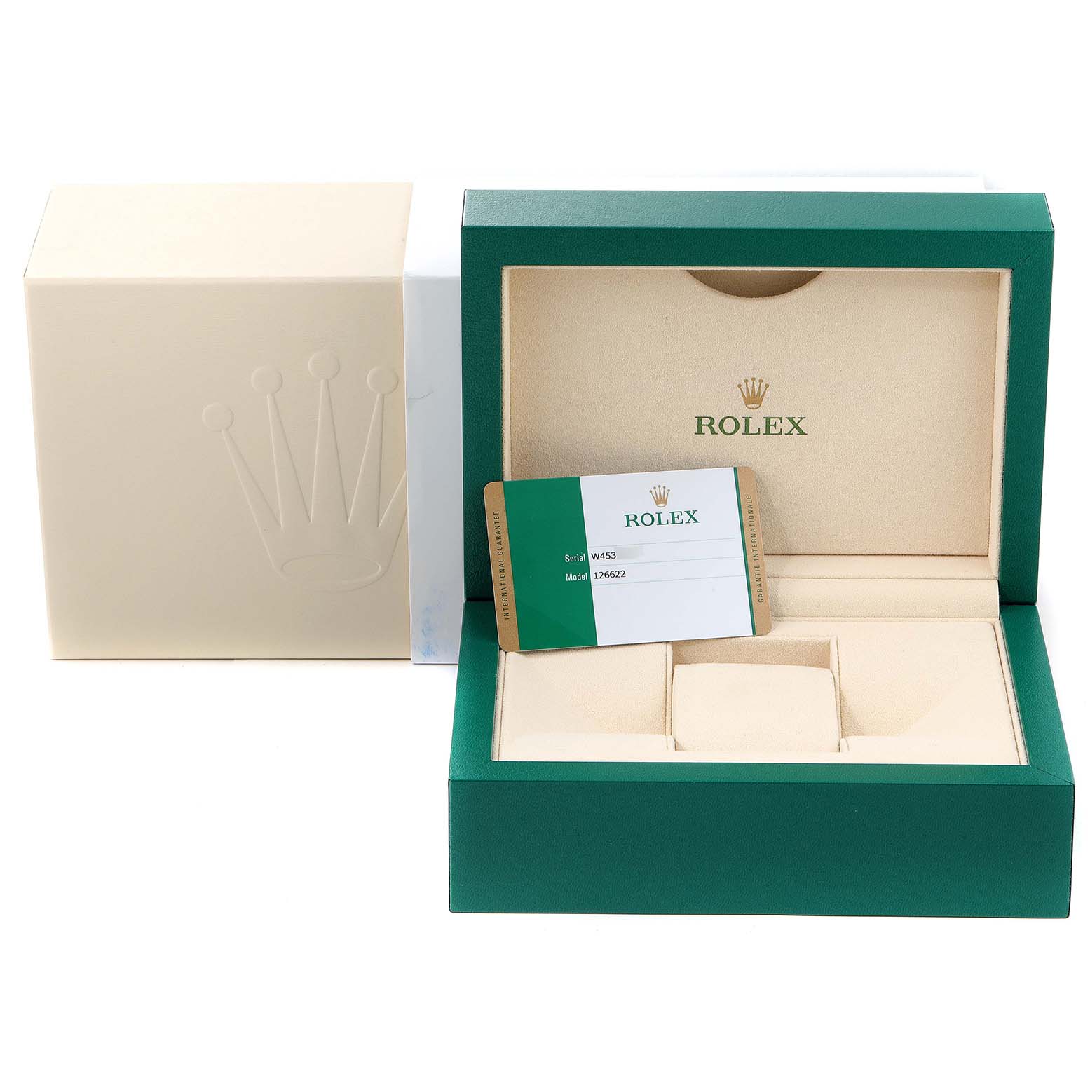 The image shows the box and documentation for a Rolex Yacht-Master 126622 Men's Platinum Grey Dial 126622 Men's Platinum Grey Dial watch, including the outer box, inner box, and a warranty card.