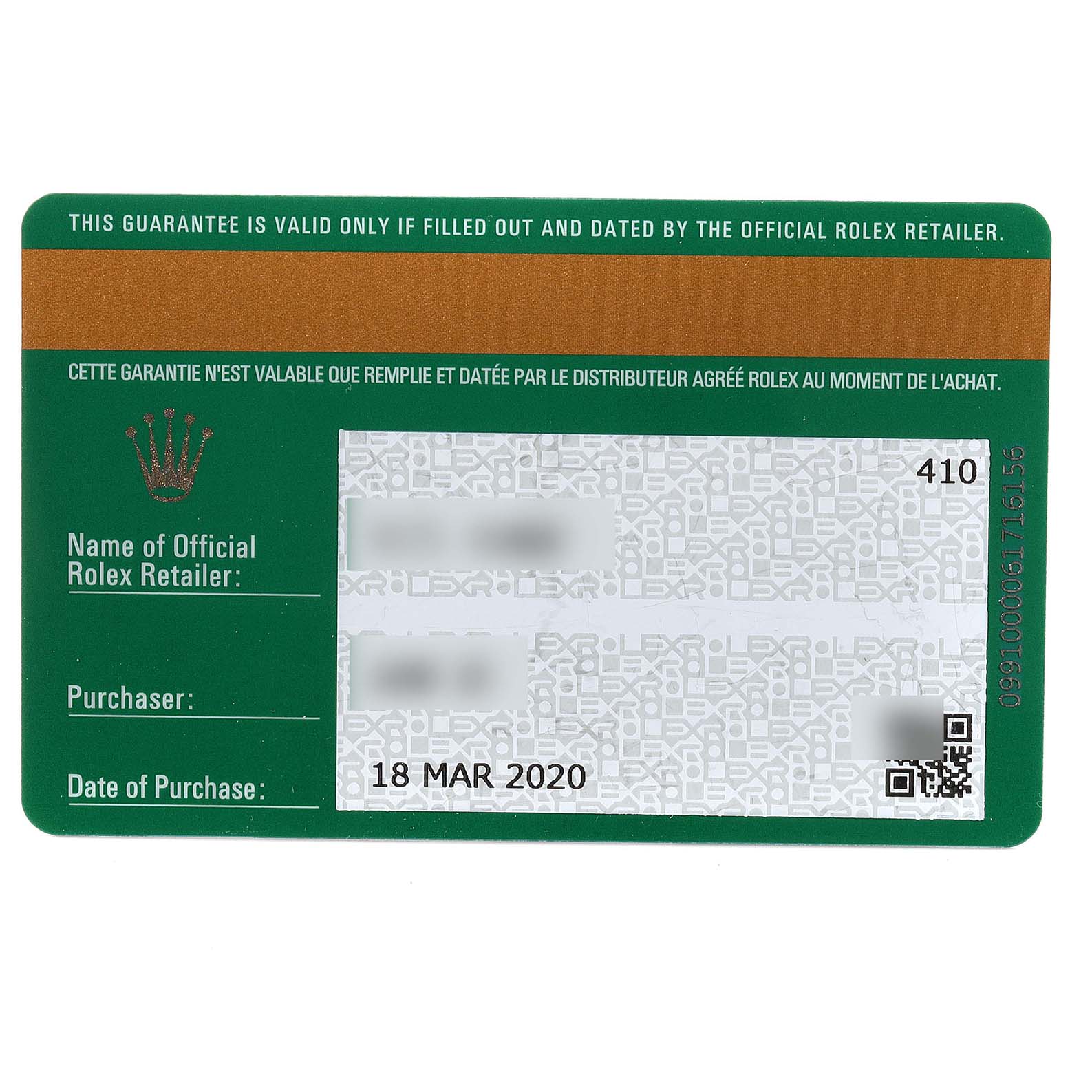 This is the guarantee card for a Rolex Yacht-Master 126622 Men's Platinum Grey Dial 126622 Men's Platinum Grey Dial, providing details like the retailer, purchaser, and purchase date.