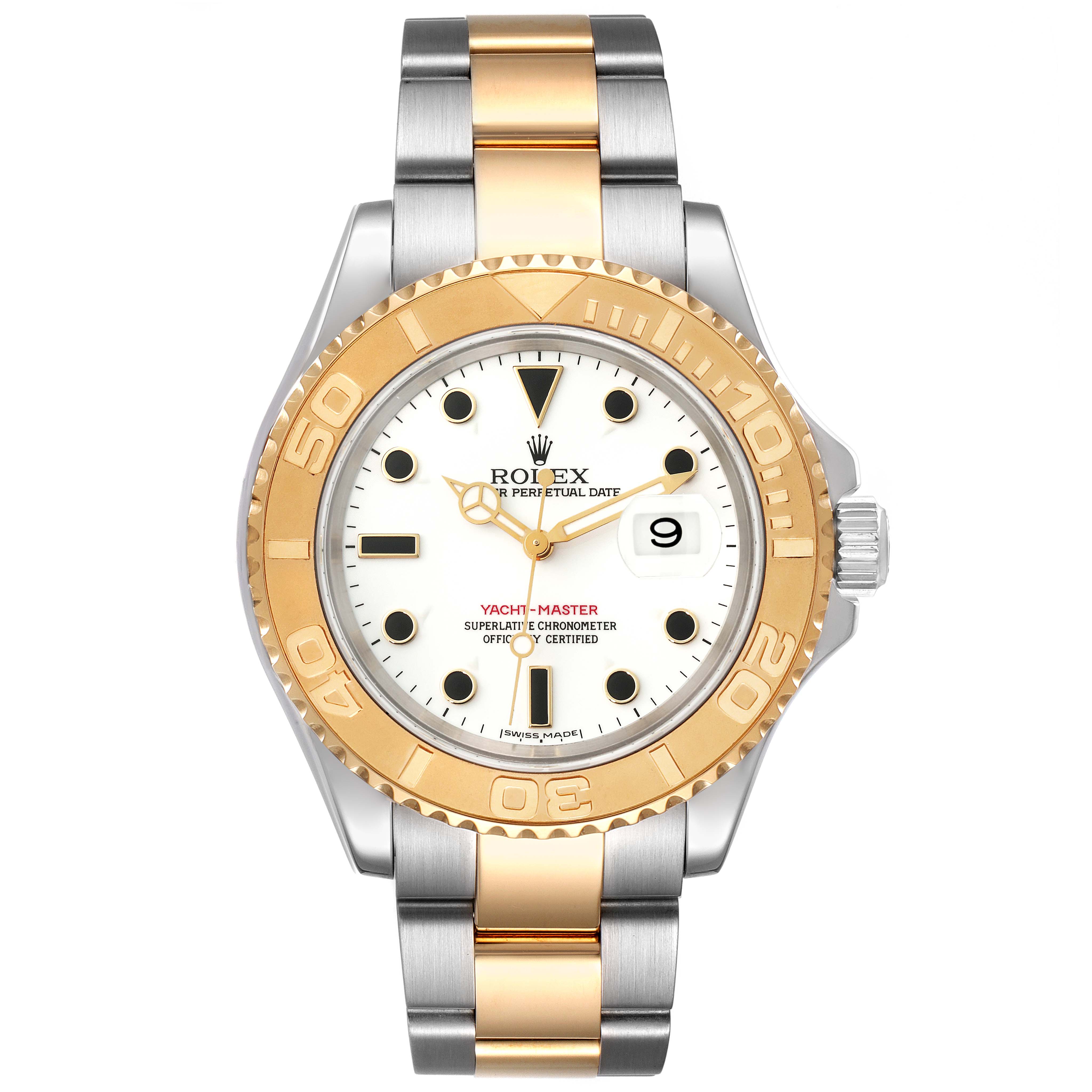 The image shows a front view of the Rolex Yacht-Master 16623 Men's Steel and Gold (two tone) White Dial 16623 Men's Steel and Gold (two tone) White Dial watch, featuring a two-tone bracelet and gold bezel.