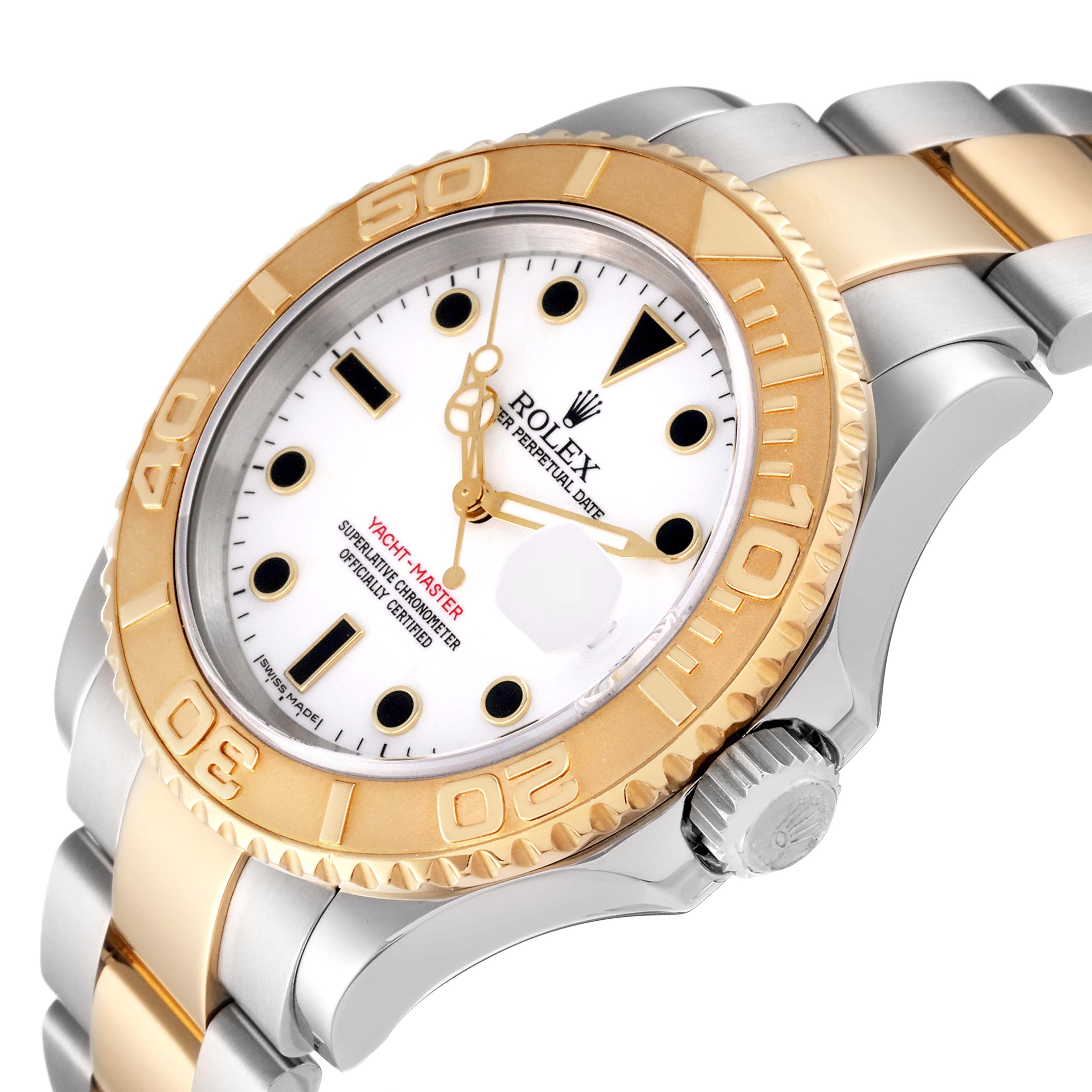 The image shows a close-up side angle of a Rolex Yacht-Master 16623 Men's Steel and Gold (two tone) White Dial 16623 Men's Steel and Gold (two tone) White Dial watch, highlighting its bezel, dial, and part of the bracelet.