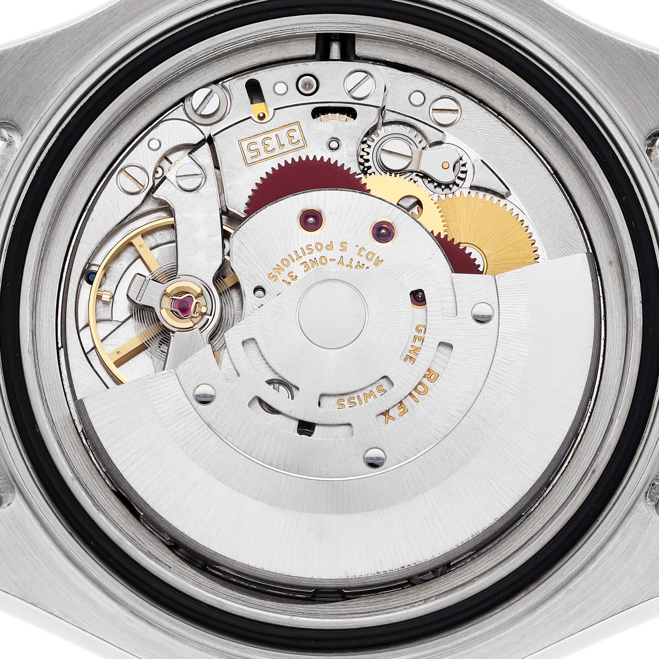This image shows the internal mechanism and movement of a Rolex Yacht-Master 16623 Men's Steel and Gold (two tone) White Dial 16623 Men's Steel and Gold (two tone) White Dial watch from a top-down angle.