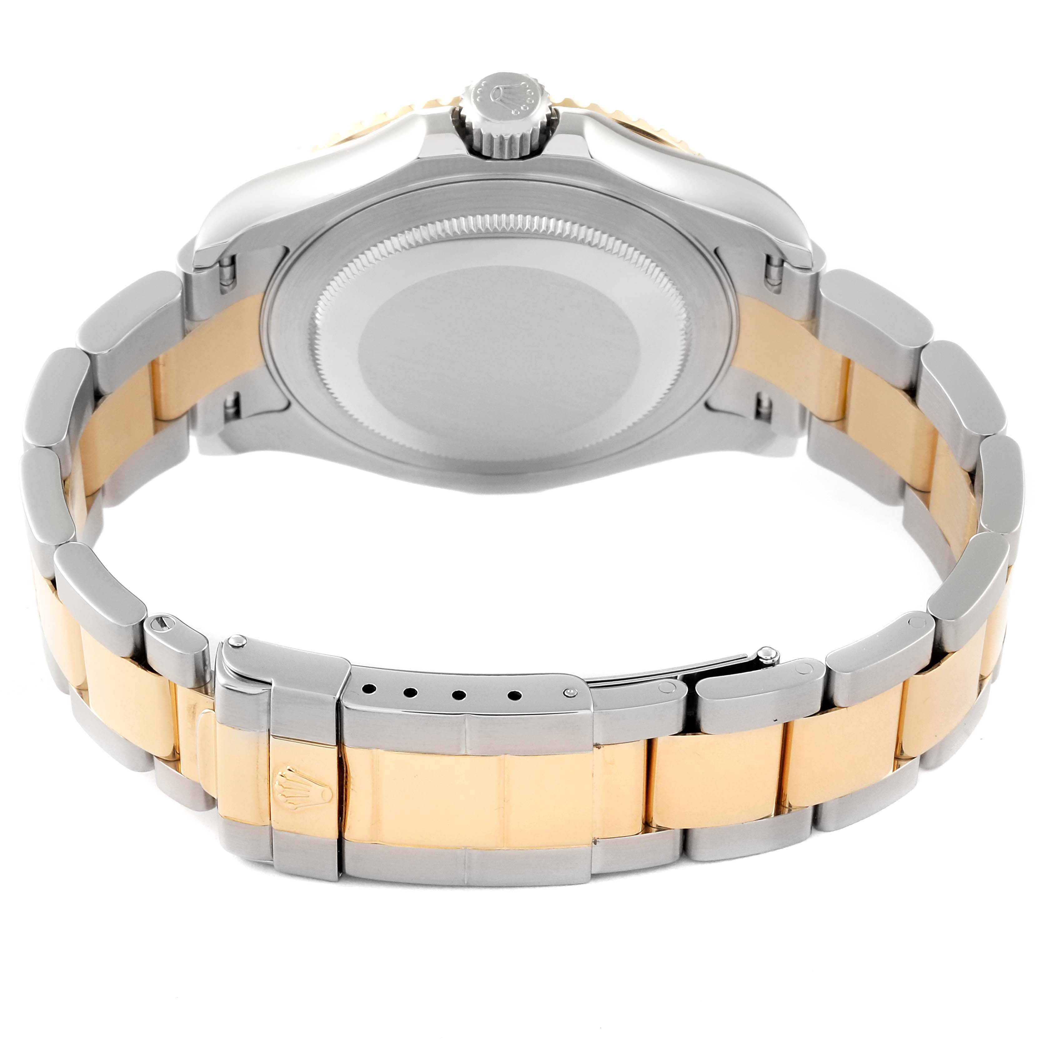The image shows the back view of a Rolex Yacht-Master 16623 Men's Steel and Gold (two tone) White Dial 16623 Men's Steel and Gold (two tone) White Dial watch, highlighting the bracelet and case back.