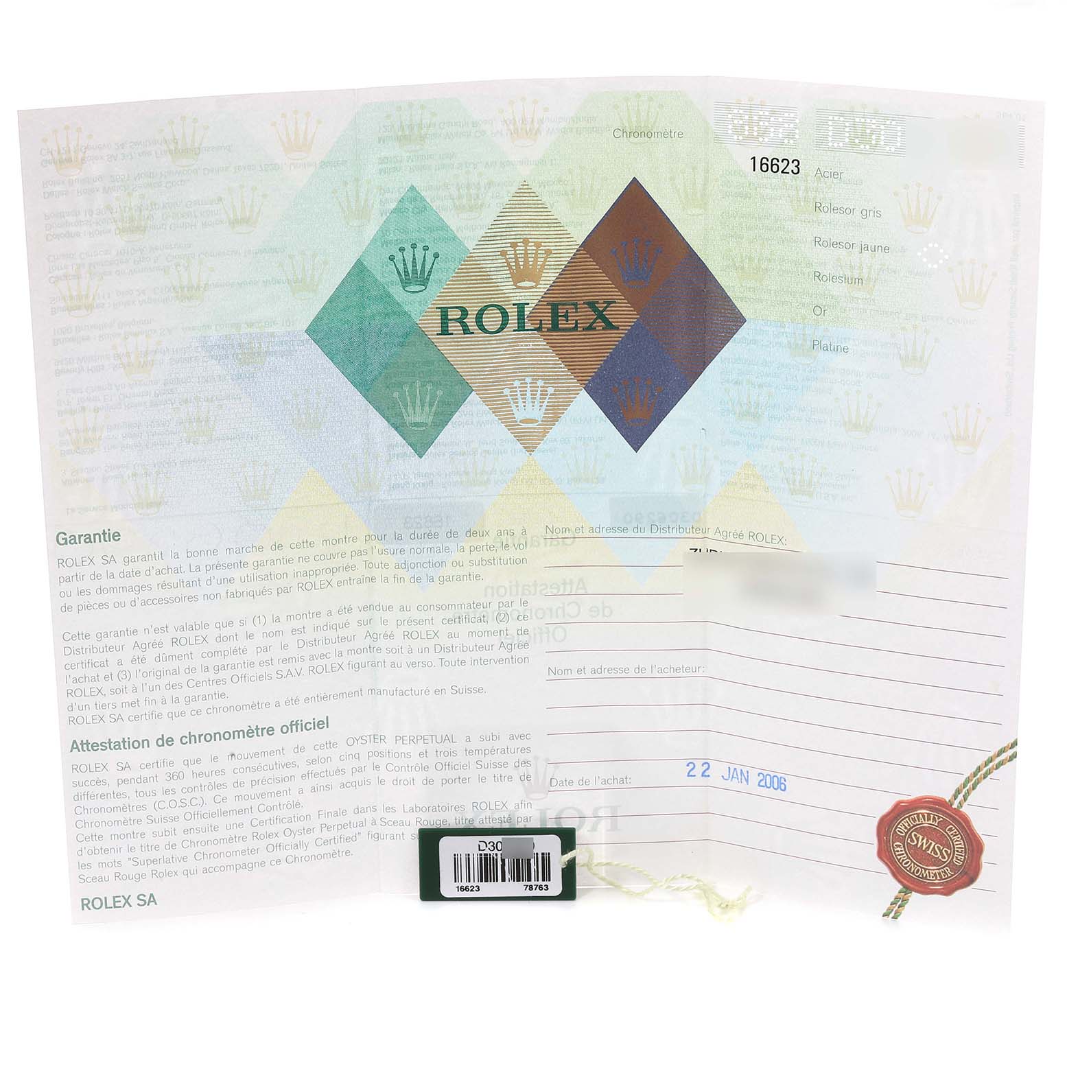 The image shows a warranty card for a Rolex Yacht-Master 16623 Men's Steel and Gold (two tone) White Dial 16623 Men's Steel and Gold (two tone) White Dial watch, model number 16623.