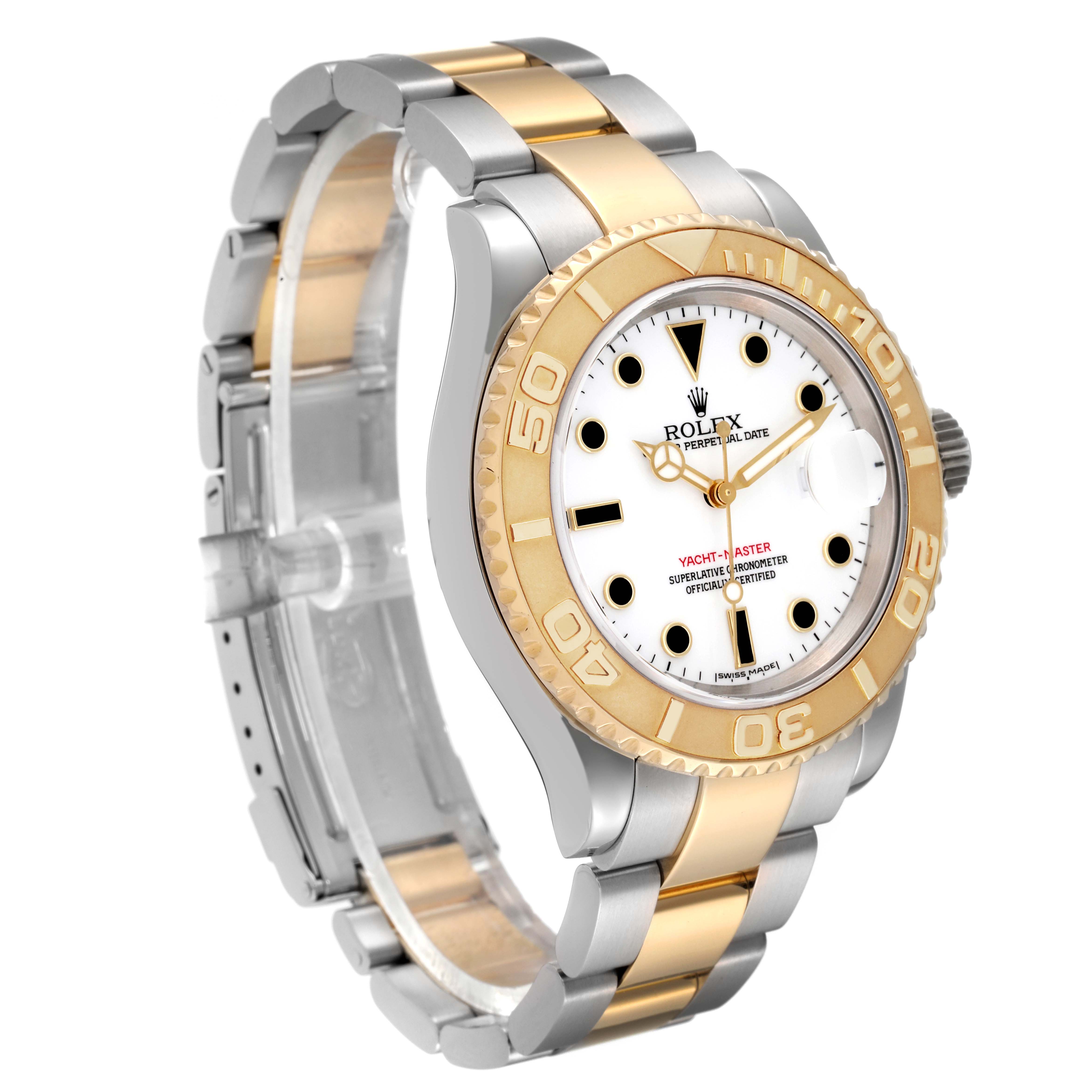 This image shows a Rolex Yacht-Master 16623 Men's Steel and Gold (two tone) White Dial 16623 Men's Steel and Gold (two tone) White Dial watch at a three-quarter angle featuring the dial, bezel, and bracelet.