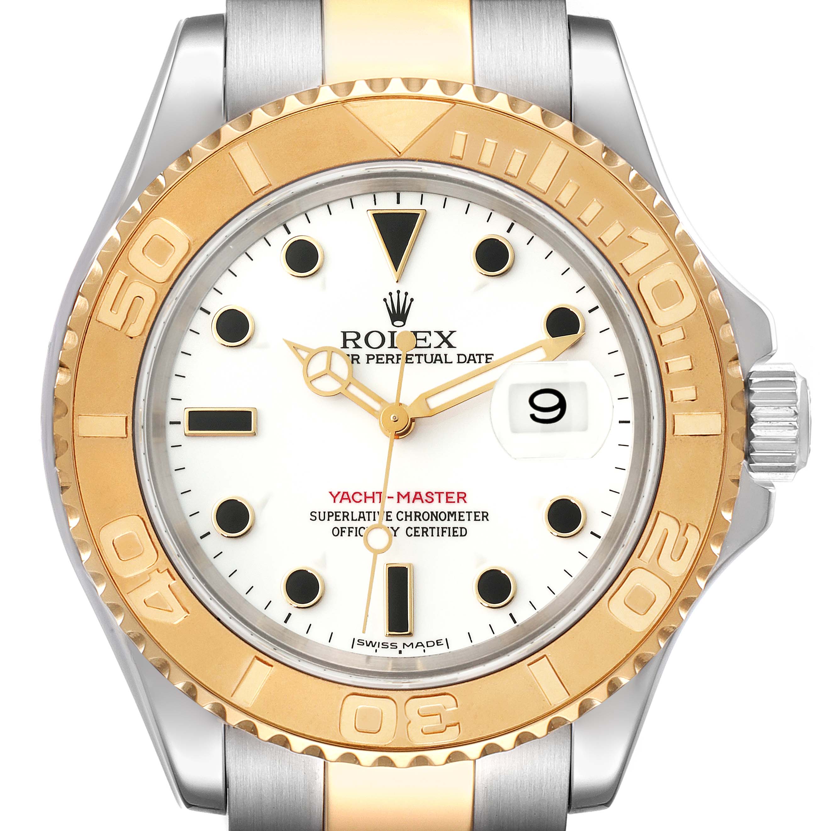 This image shows a front view of the Rolex Yacht-Master 16623 Men's Steel and Gold (two tone) White Dial 16623 Men's Steel and Gold (two tone) White Dial watch, highlighting its dial, hands, bezel, and crown.