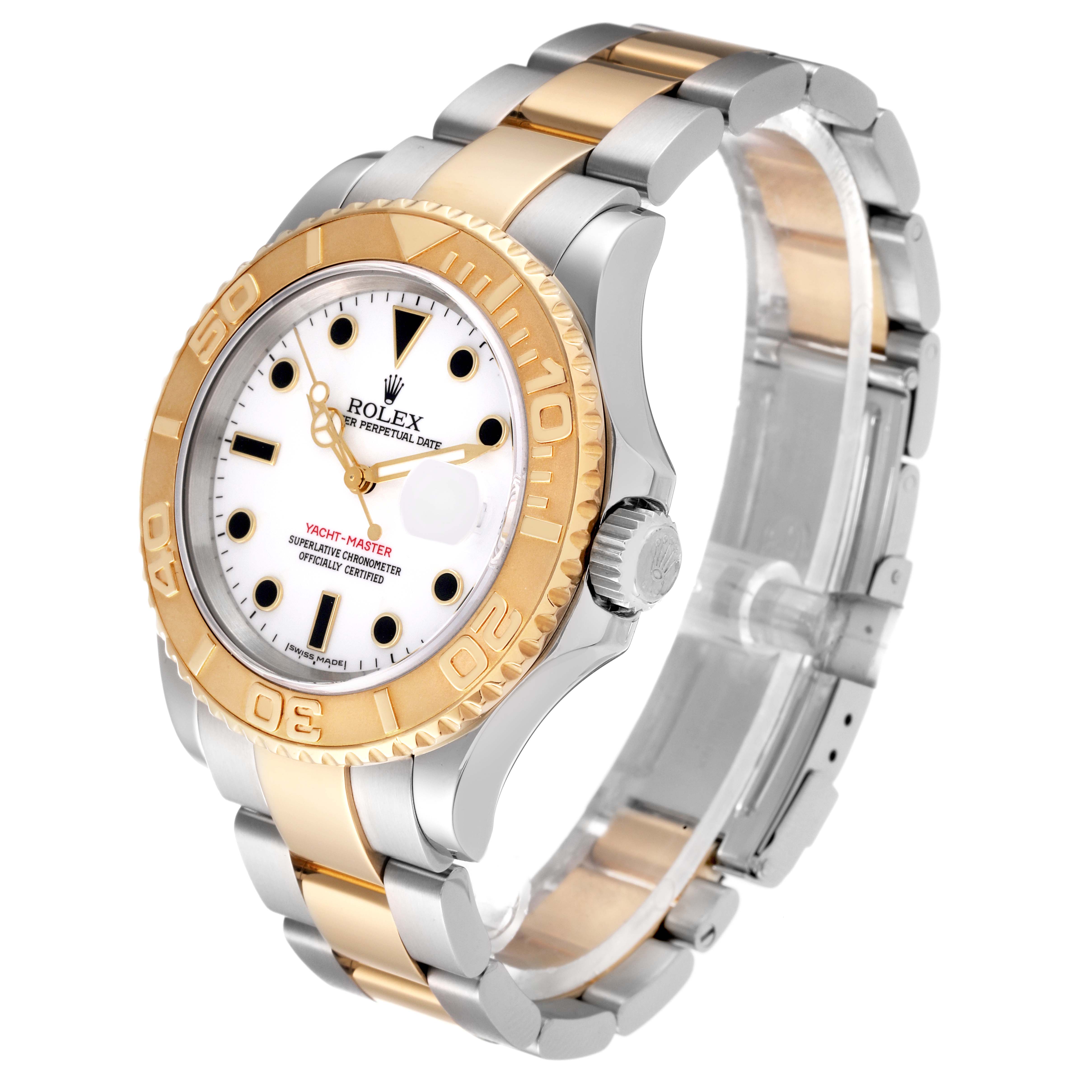 This image shows a Rolex Yacht-Master 16623 Men's Steel and Gold (two tone) White Dial 16623 Men's Steel and Gold (two tone) White Dial watch at a three-quarter angle, highlighting the bezel, dial, bracelet, and clasp.