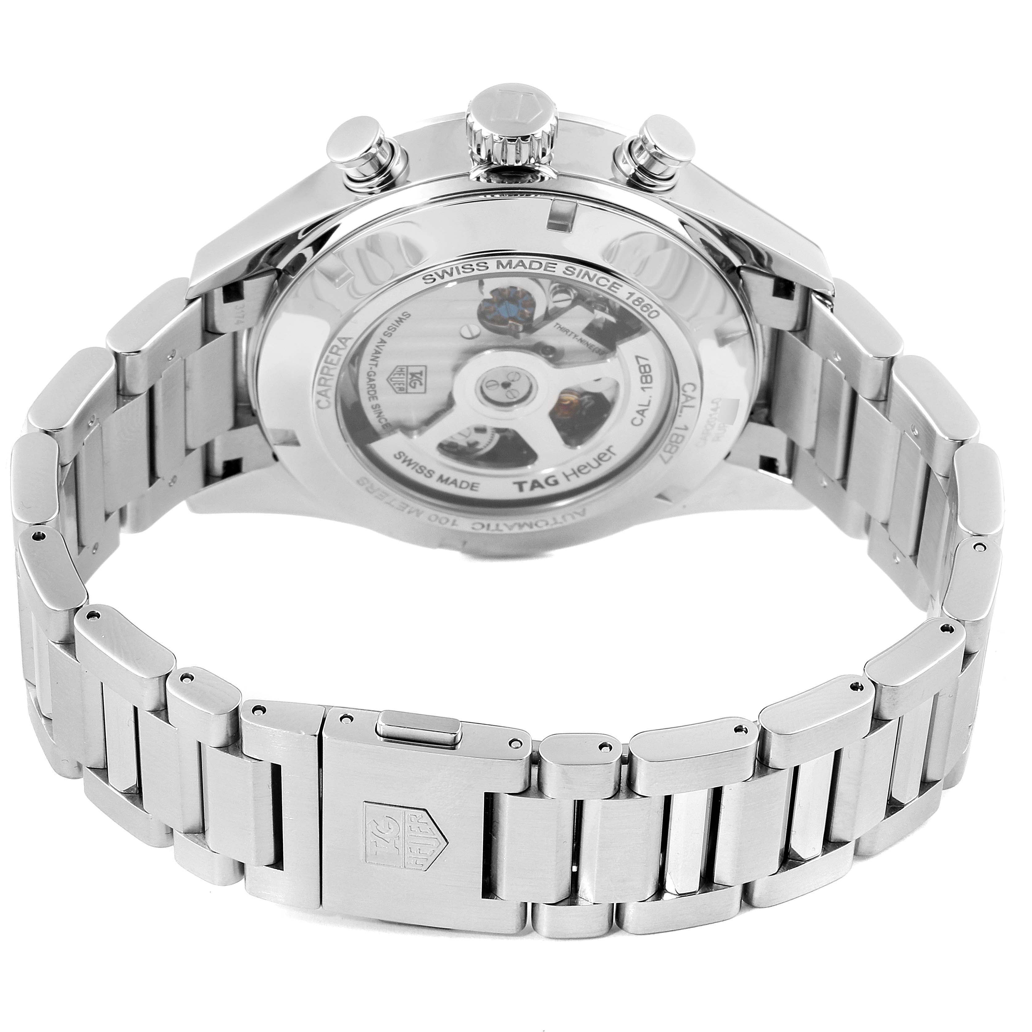 The image shows the back view of a Tag Heuer Carrera CAR2014.BA0796 Men's Stainless Steel Black Dial CAR2014.BA0796 Men's Stainless Steel Black Dial watch, highlighting its metal strap and exposed movement mechanism.