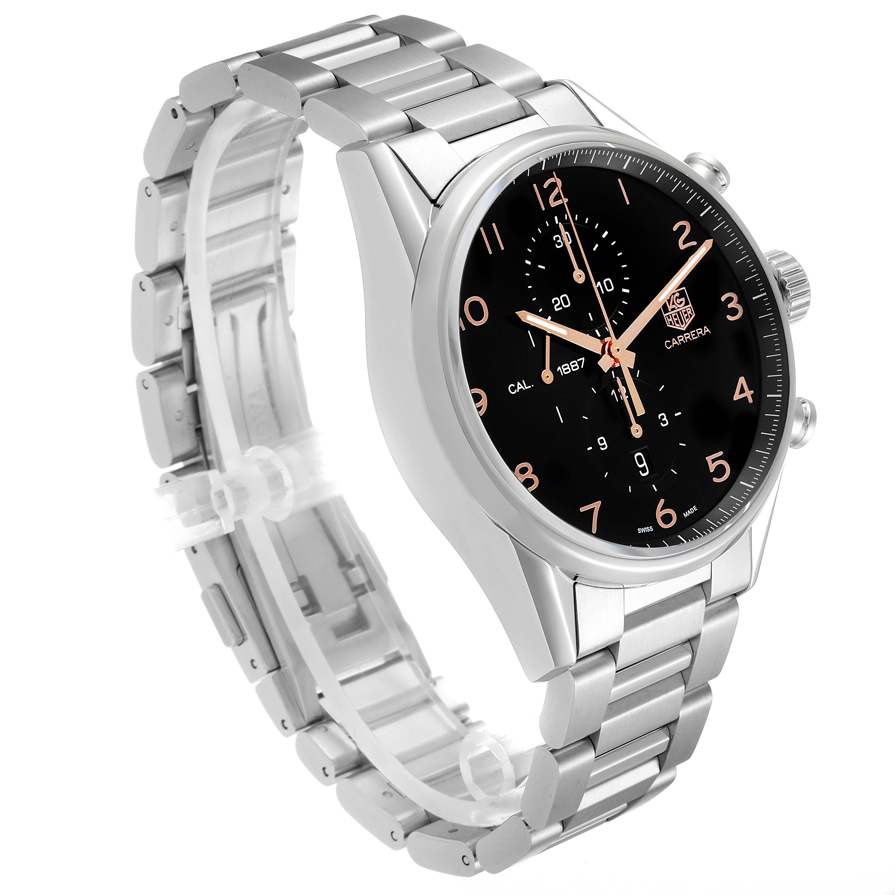 The Tag Heuer Carrera CAR2014.BA0796 Men's Stainless Steel Black Dial CAR2014.BA0796 Men's Stainless Steel Black Dial watch is shown at an angled side view, displaying its face, crown, and metal bracelet.