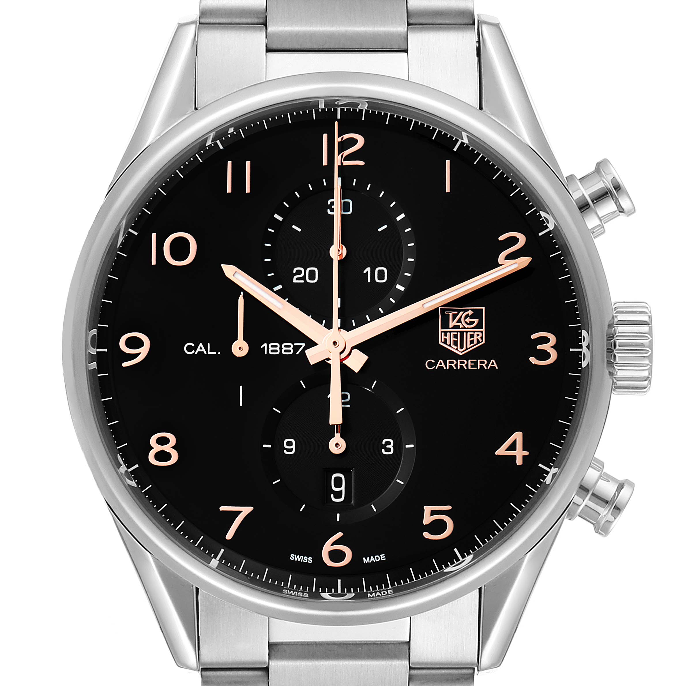 The image shows a frontal view of a Tag Heuer Carrera CAR2014.BA0796 Men's Stainless Steel Black Dial CAR2014.BA0796 Men's Stainless Steel Black Dial watch, displaying its black dial, chronograph sub-dials, and stainless steel bracelet.