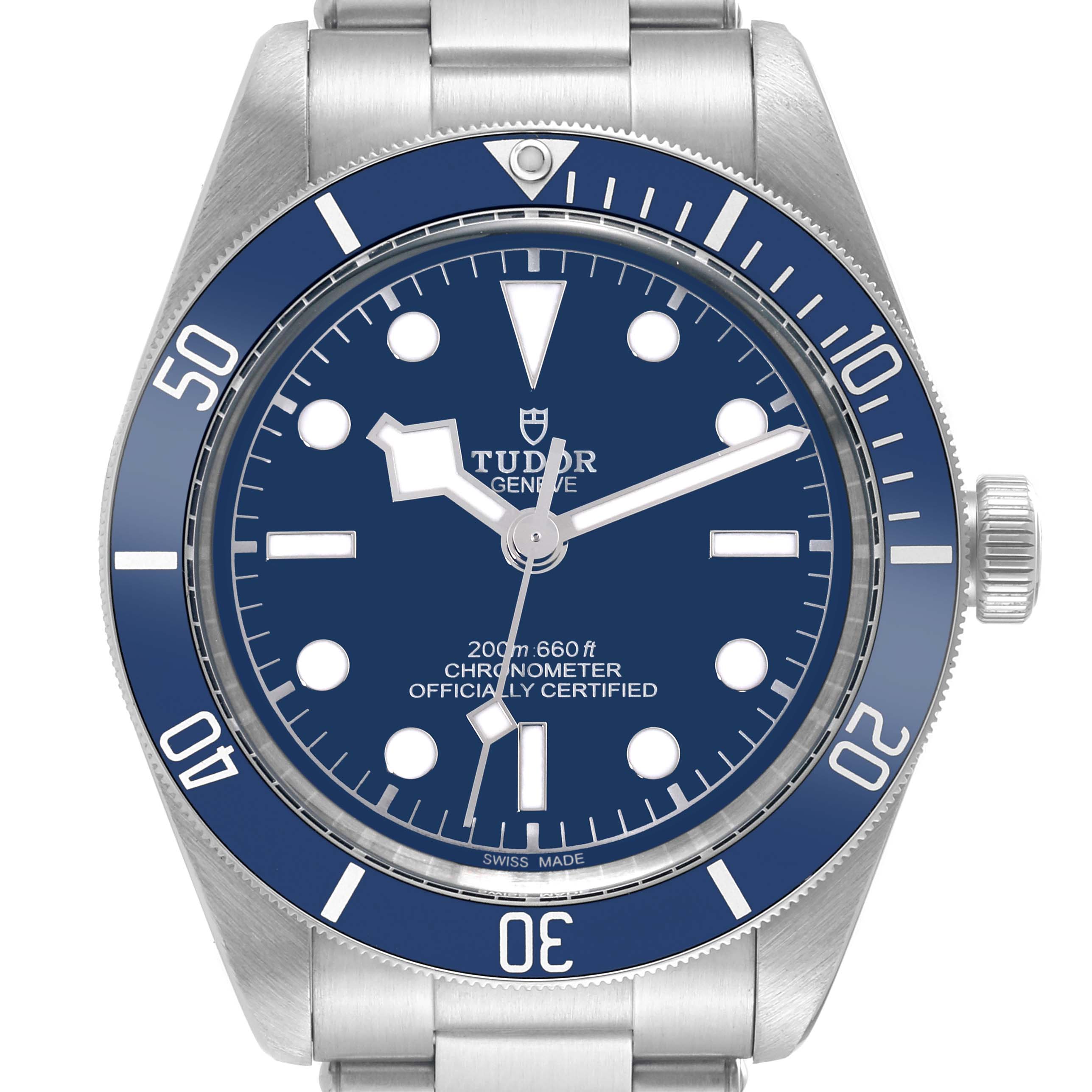 The image shows a front view of the Tudor Heritage Black Bay 79030 Men
s Stainless Steel Blue Dial 79030 Men
s Stainless Steel Blue Dial watch, featuring a blue dial with white hour markers and a stainless steel bezel.