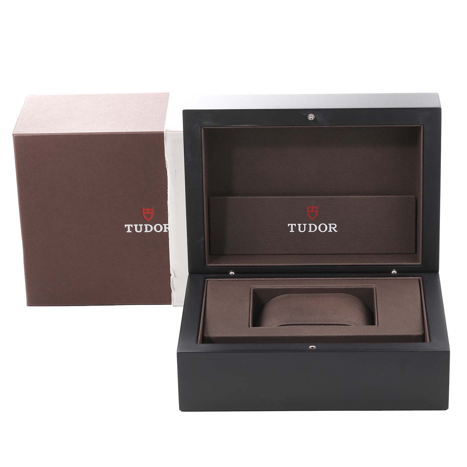 The image shows an open Tudor Heritage Black Bay 79030 Men
s Stainless Steel Blue Dial 79030 Men
s Stainless Steel Blue Dial watch box viewed from the front, displaying the inner compartments and the brand name.