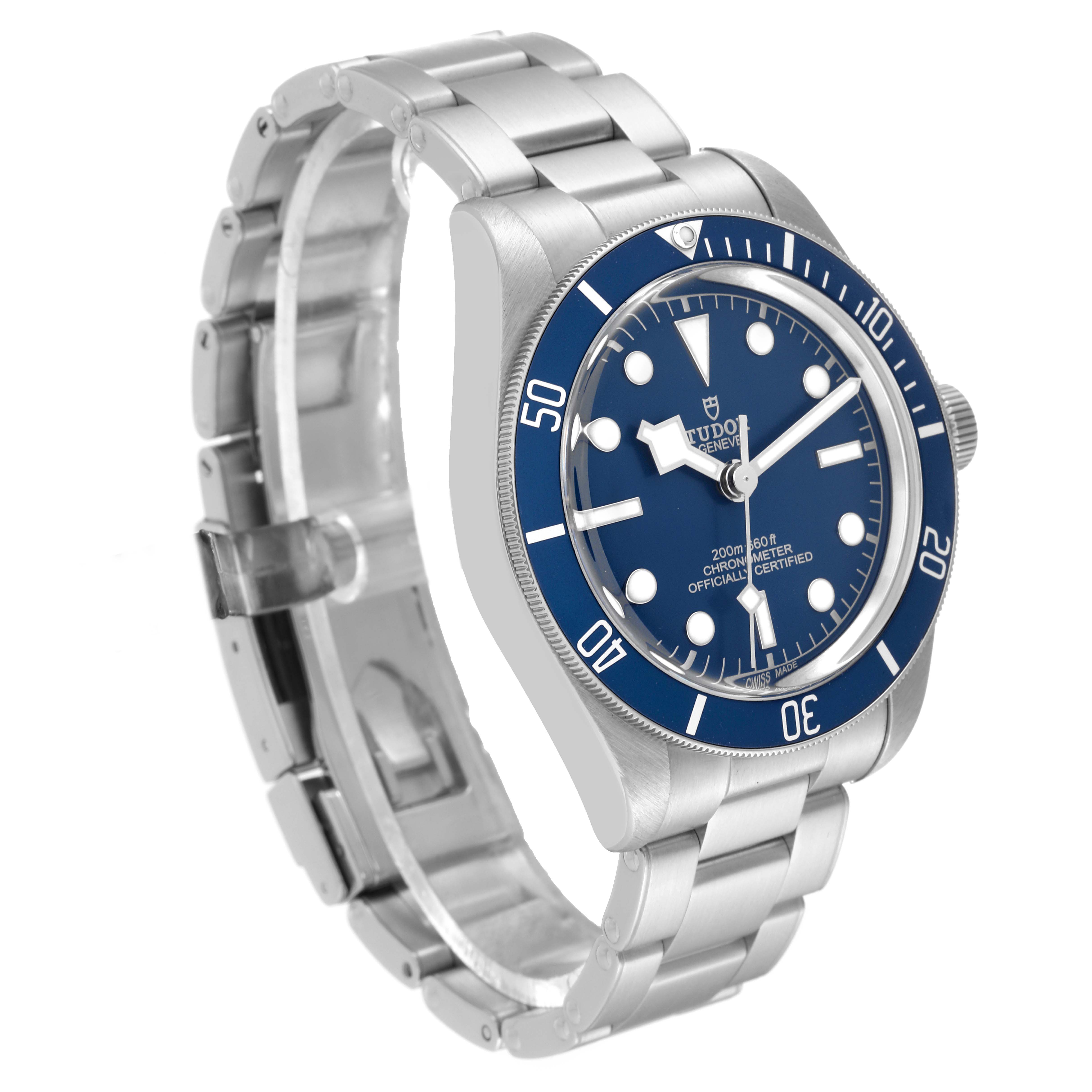 The Tudor Heritage Black Bay 79030 Men
s Stainless Steel Blue Dial 79030 Men
s Stainless Steel Blue Dial watch is shown at a three-quarter angle, highlighting its blue dial, stainless steel bracelet, and bezel.