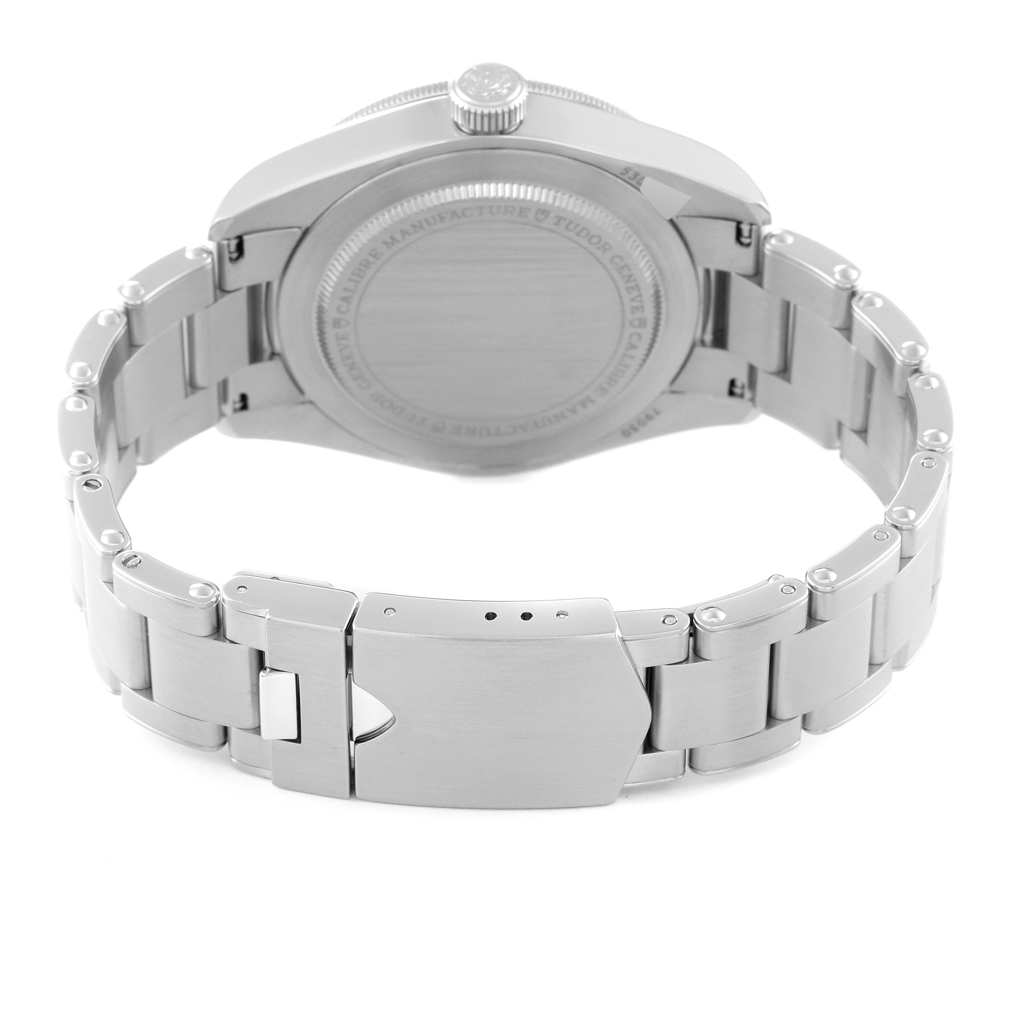This image shows the backside and clasp of the Tudor Heritage Black Bay 79030 Men
s Stainless Steel Blue Dial 79030 Men
s Stainless Steel Blue Dial watch, highlighting the stainless steel bracelet and case back.