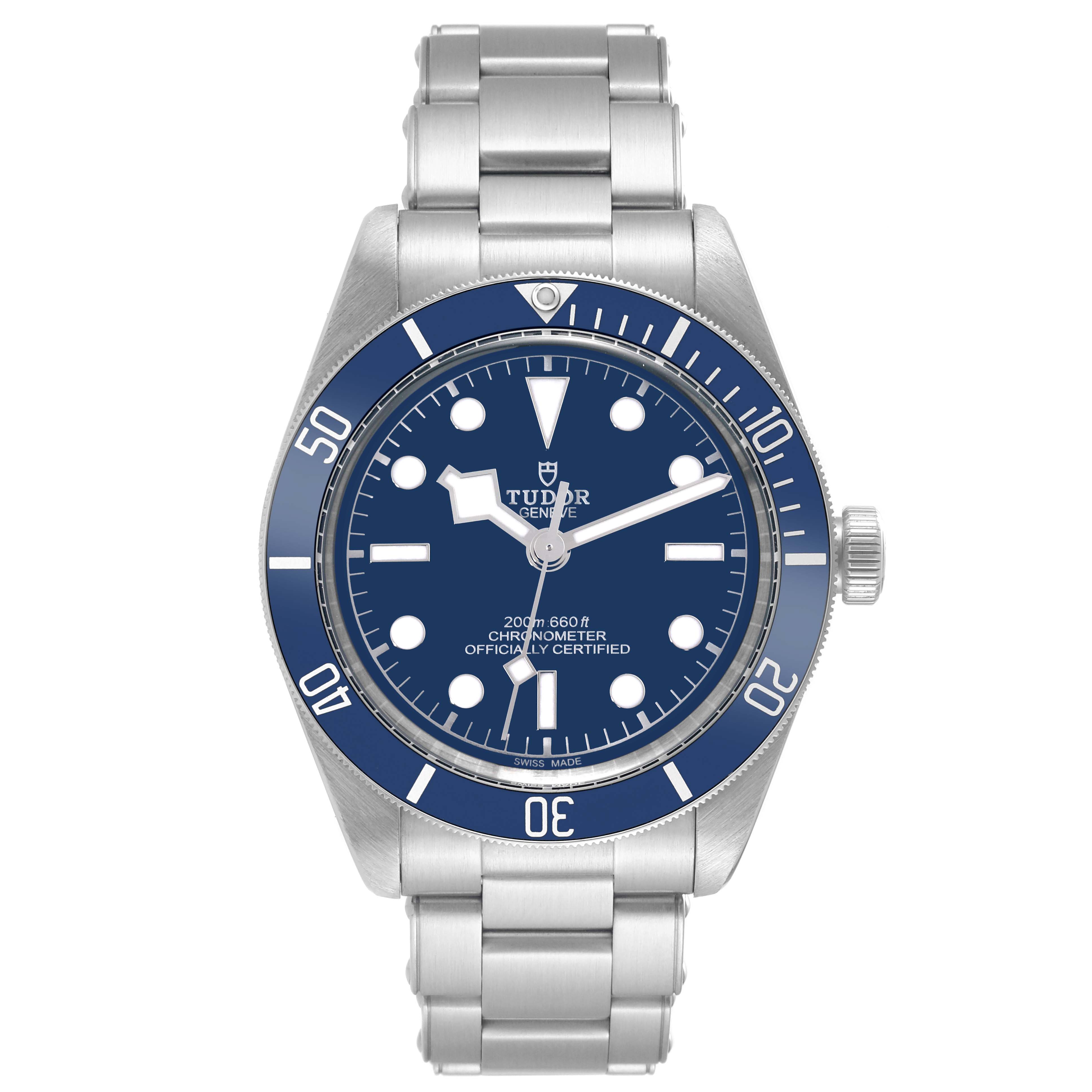 The Tudor Heritage Black Bay 79030 Men
s Stainless Steel Blue Dial 79030 Men
s Stainless Steel Blue Dial watch is shown from a front angle, displaying its blue dial, bezel, and stainless steel bracelet.