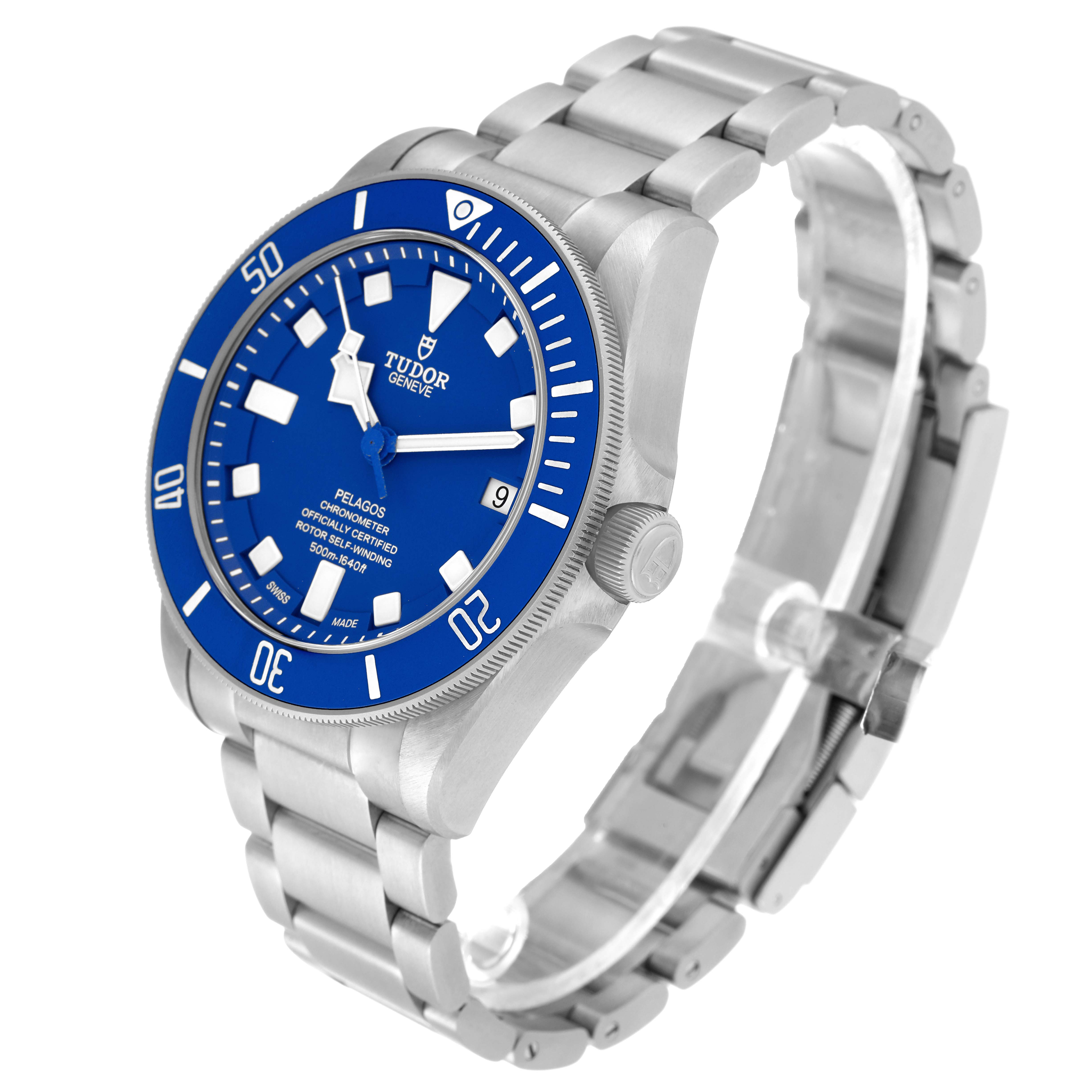 The image shows a Tudor Pelagos 25600TB-0001 Men's Titanium Blue Dial 25600TB-0001 Men's Titanium Blue Dial watch at a three-quarter angle, highlighting its blue dial, crown, and metal bracelet.