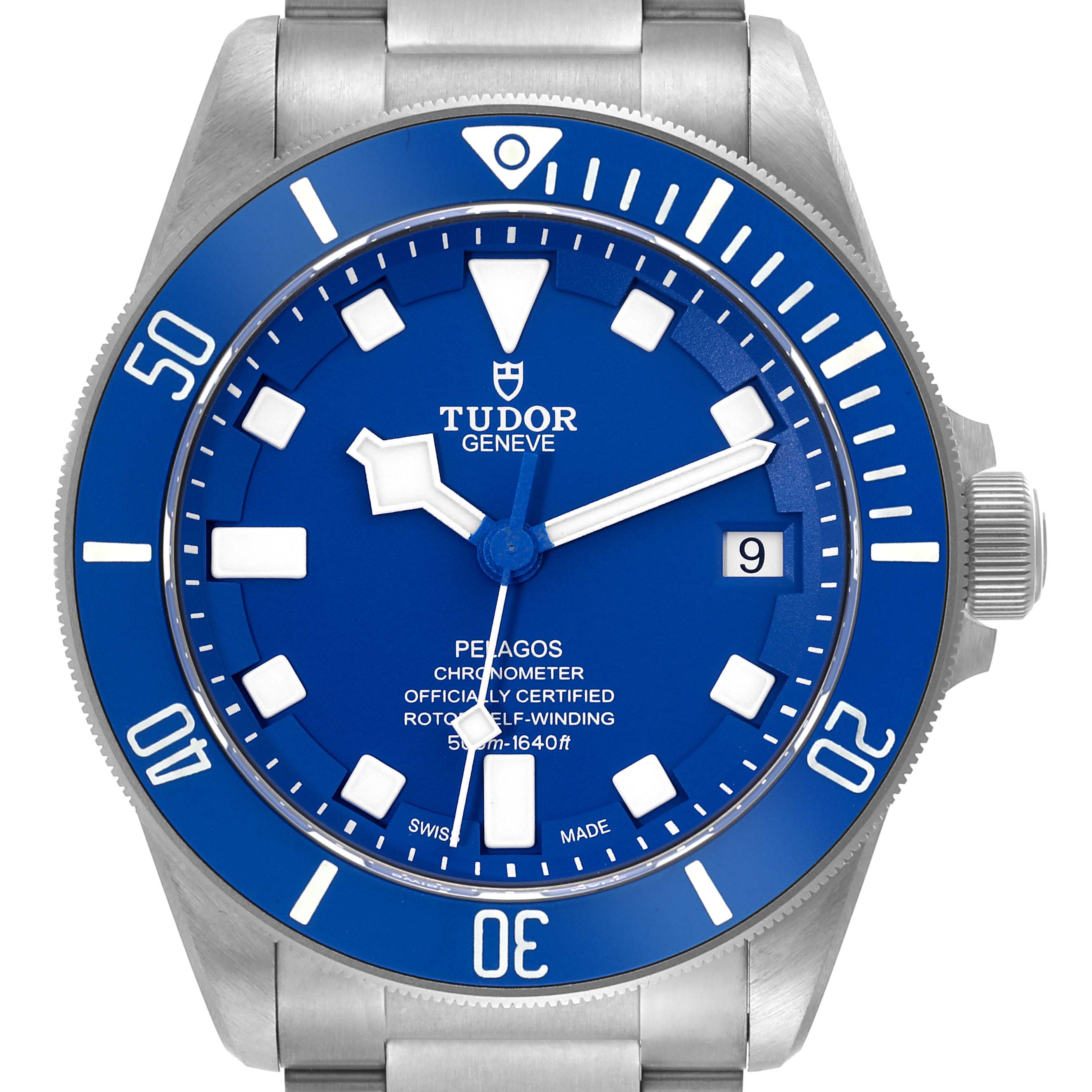 The image shows a front view of the Tudor Pelagos 25600TB-0001 Men's Titanium Blue Dial 25600TB-0001 Men's Titanium Blue Dial watch, detailing the blue dial, bezel, and stainless steel bracelet.