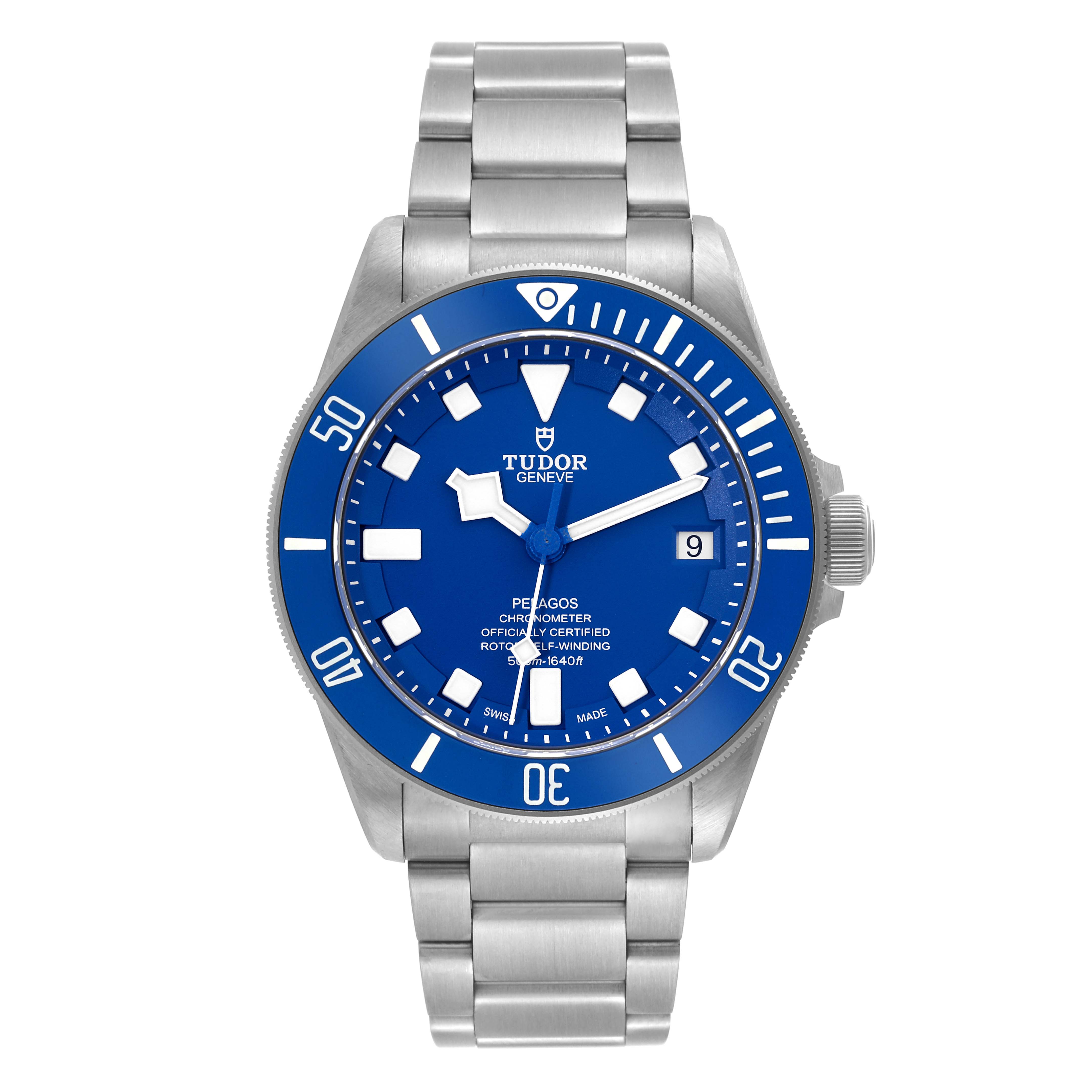 The image shows a front view of the Tudor Pelagos 25600TB-0001 Men's Titanium Blue Dial 25600TB-0001 Men's Titanium Blue Dial watch, highlighting its blue dial, bezel, and metal bracelet.