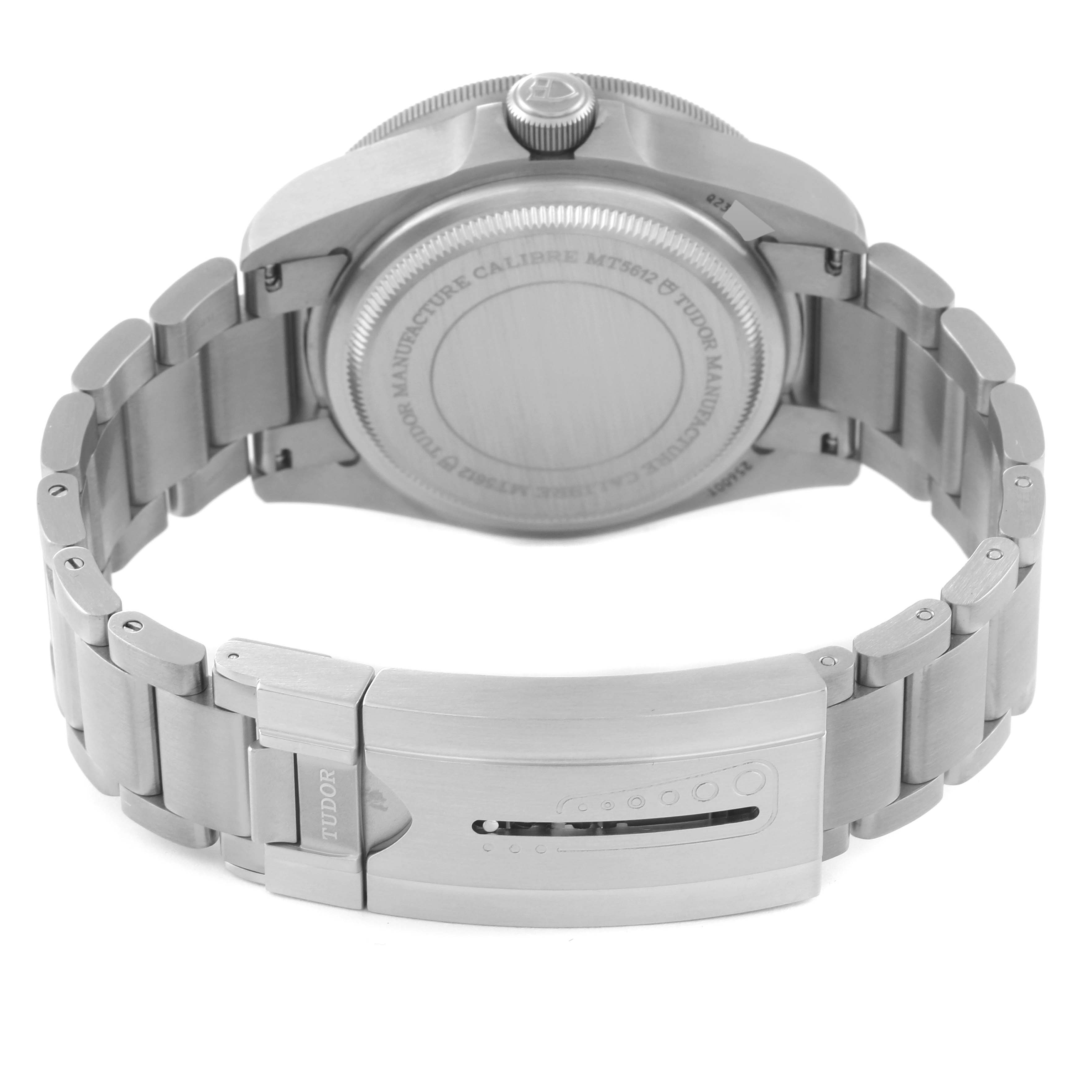 The image shows the back view of the Tudor Pelagos 25600TB-0001 Men's Titanium Blue Dial 25600TB-0001 Men's Titanium Blue Dial watch, highlighting the watch case back, bracelet, and clasp.