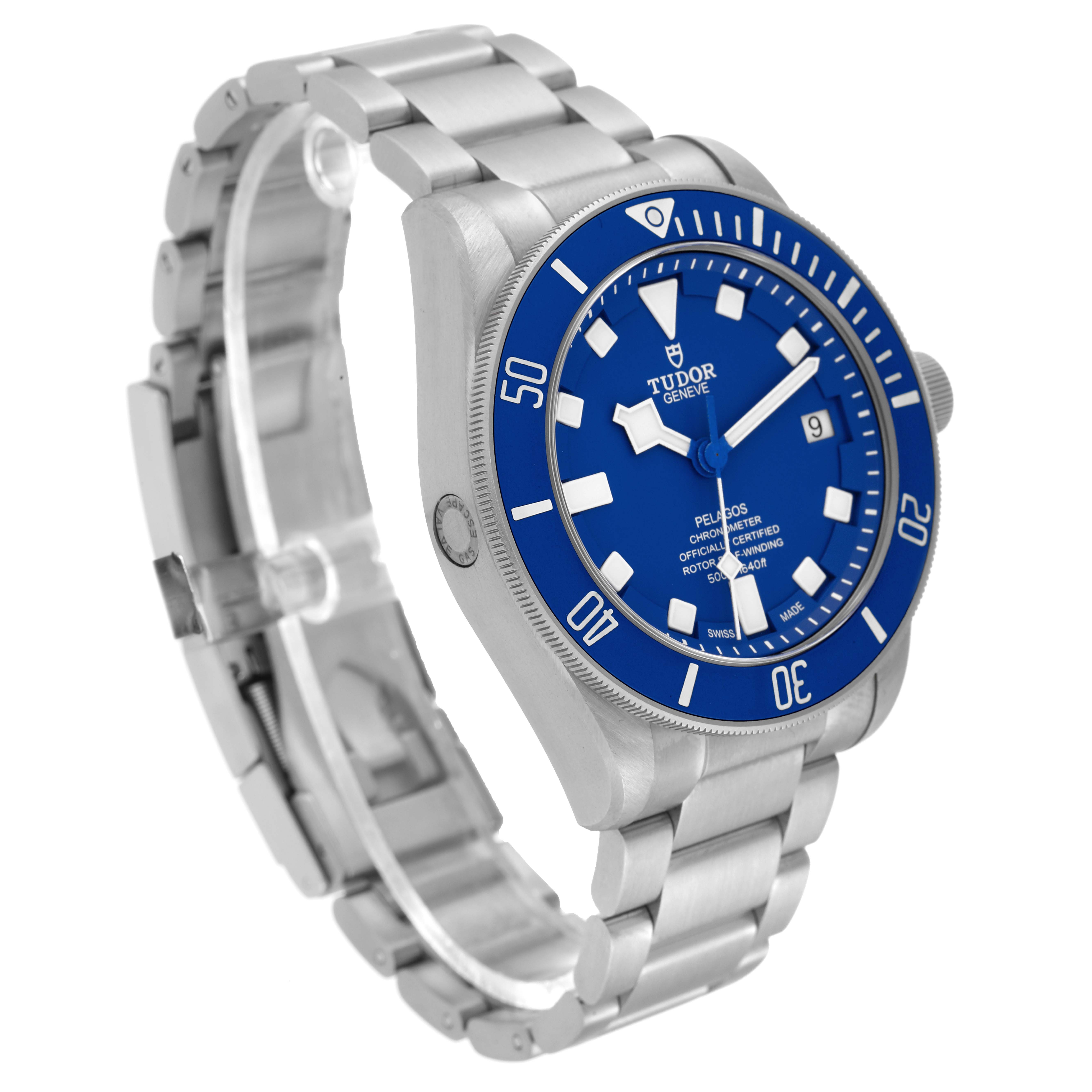 The Tudor Pelagos 25600TB-0001 Men's Titanium Blue Dial 25600TB-0001 Men's Titanium Blue Dial watch is shown at an angle highlighting the blue dial, bezel, and bracelet.