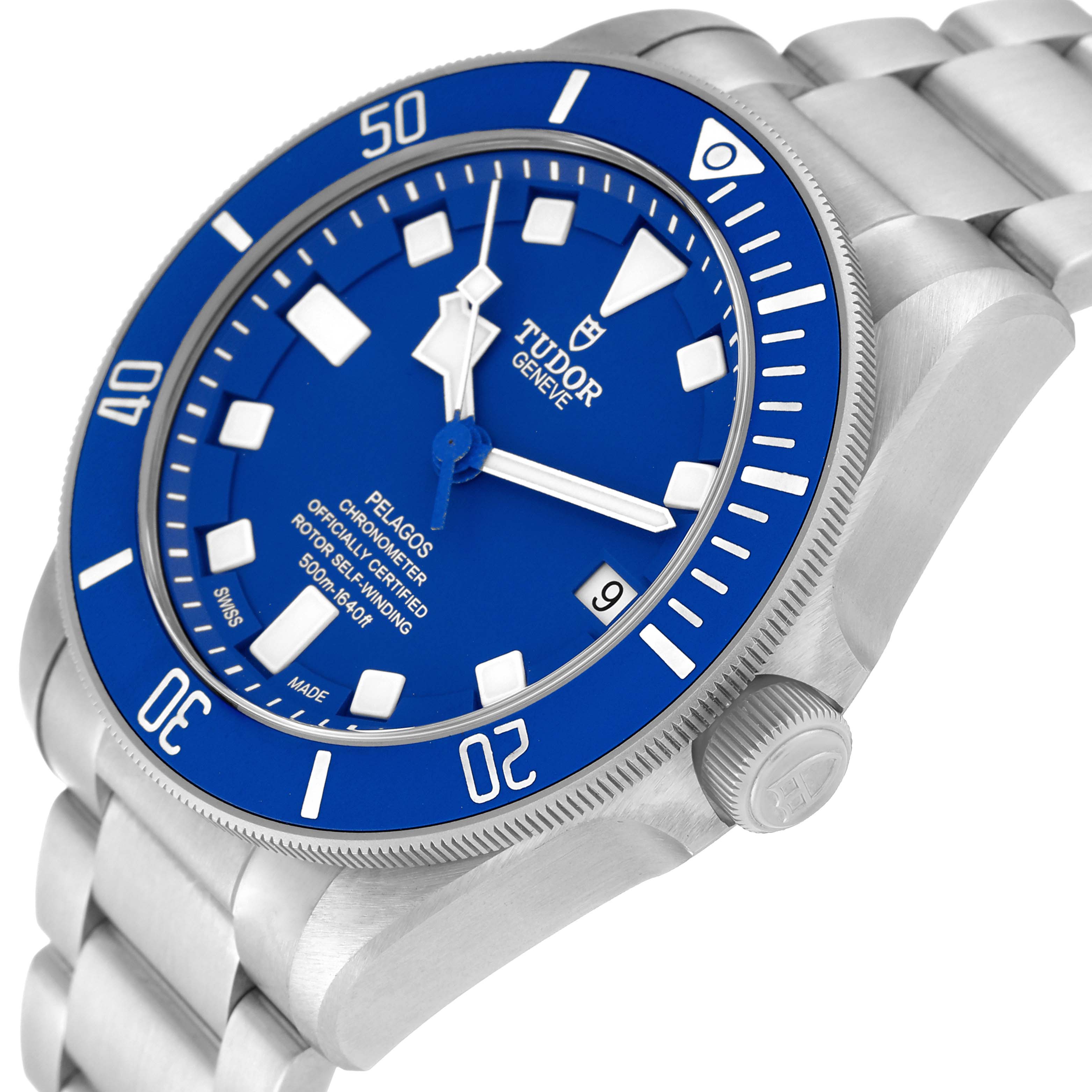 The image shows a Tudor Pelagos 25600TB-0001 Men's Titanium Blue Dial 25600TB-0001 Men's Titanium Blue Dial watch from an angled side view highlighting the blue dial, bezel, crown, and part of the bracelet.