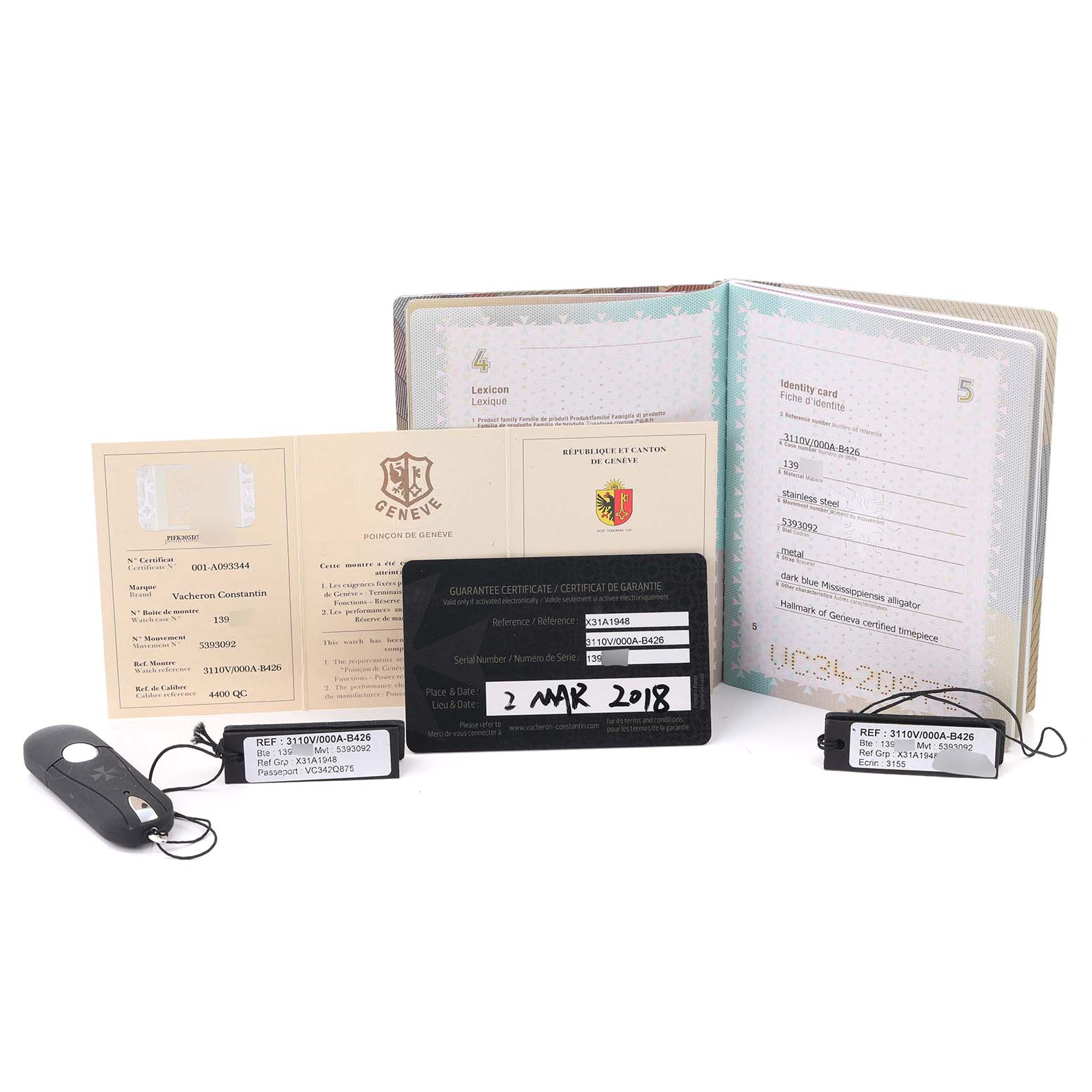 The image shows documentation and accessories for the Vacheron Constantin Historiques 3110V/000A Men's Stainless Steel Silver Dial 3110V/000A Men's Stainless Steel Silver Dial model, including a booklet, tags, and warranty cards.