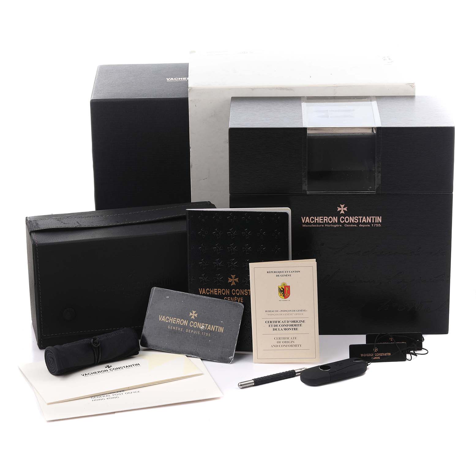 The image shows Vacheron Constantin Historiques 3110V/000A Men's Stainless Steel Silver Dial 3110V/000A Men's Stainless Steel Silver Dial watch accessories, including boxes, manuals, and a pen, viewed from the front.